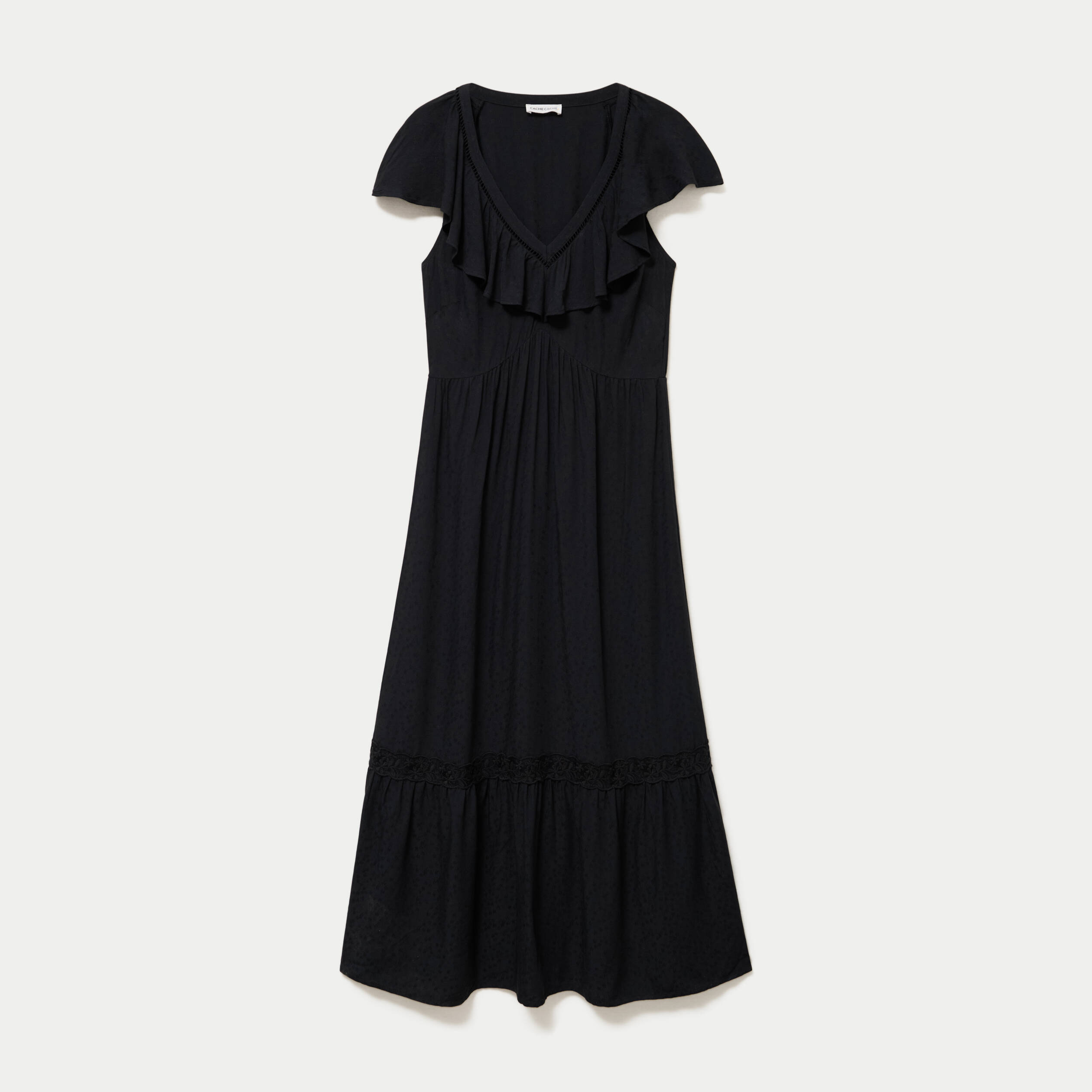Robe longue &eacute;vas&eacute;e col v manches courtes noir femme