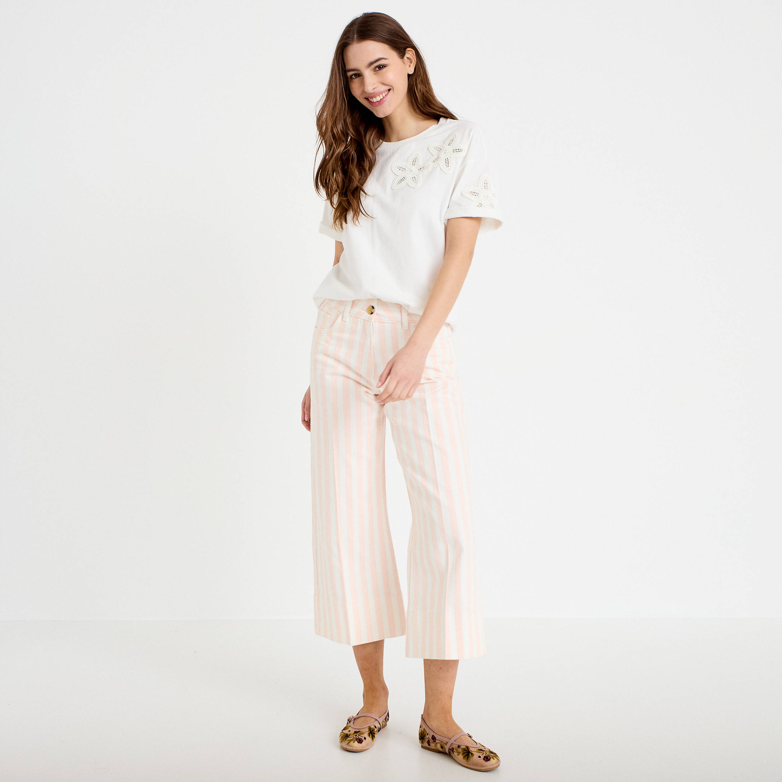 Jean wide leg cropped taille haute blanc femme