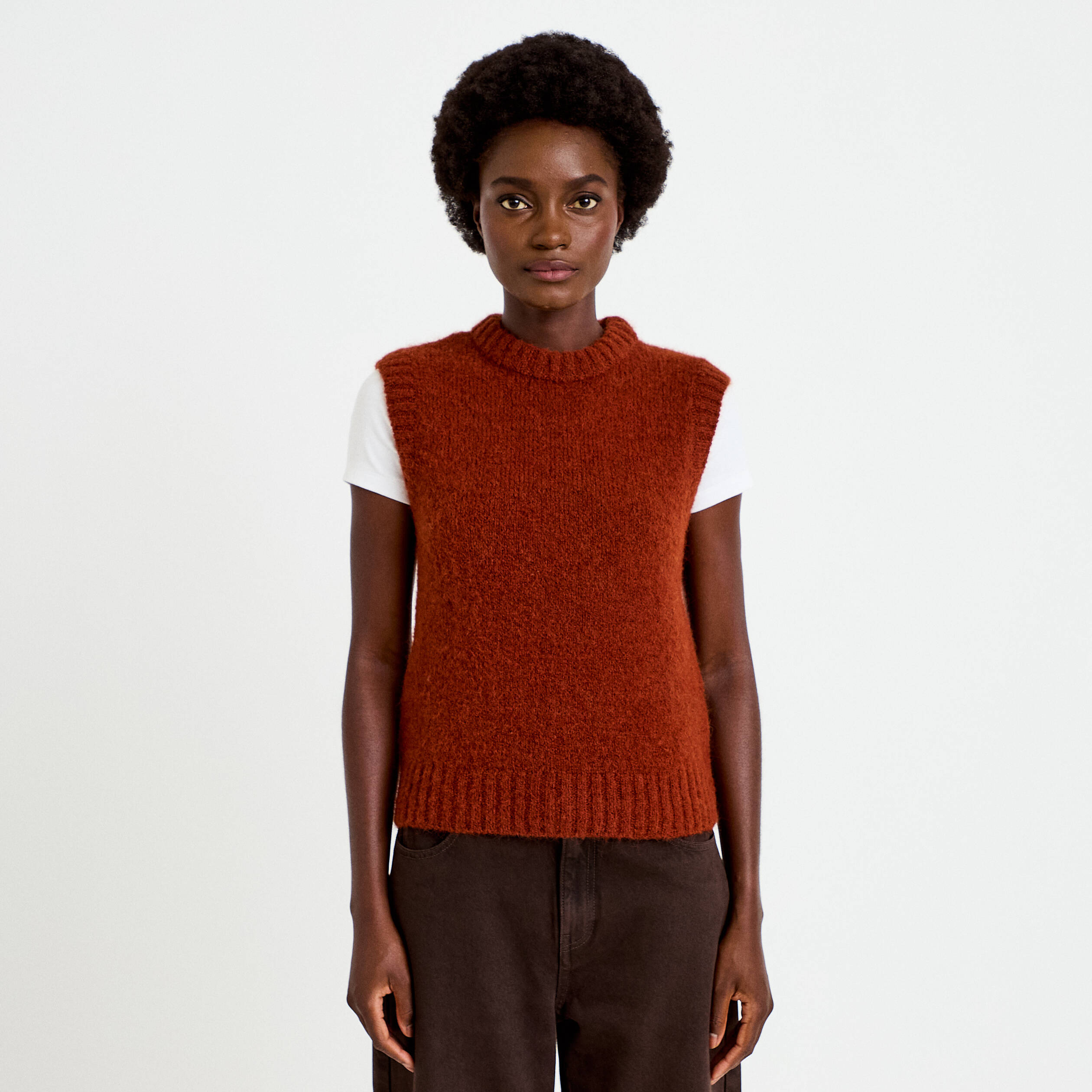 Pull sans manches marron cognac femme