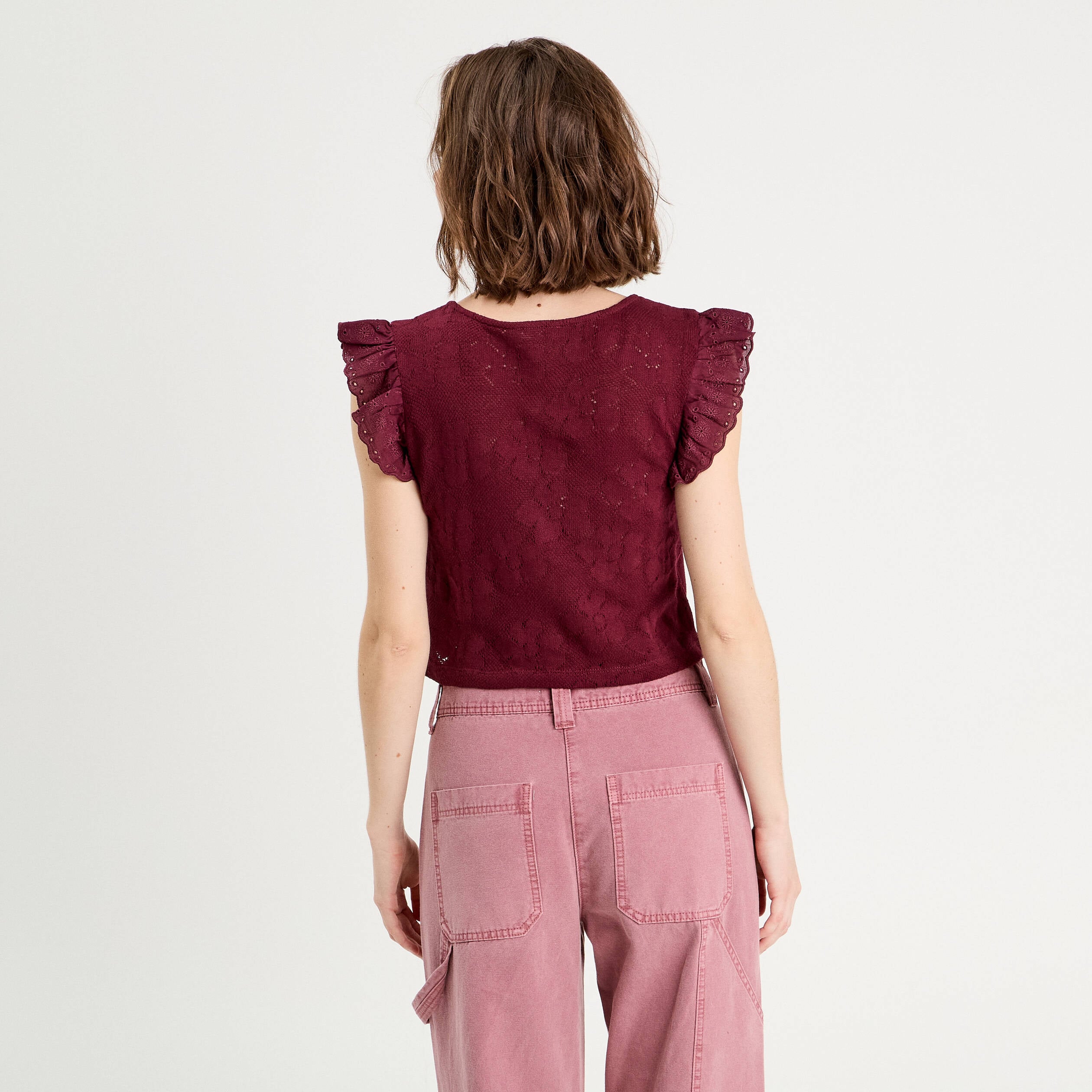 T-shirt manches volants prune femme