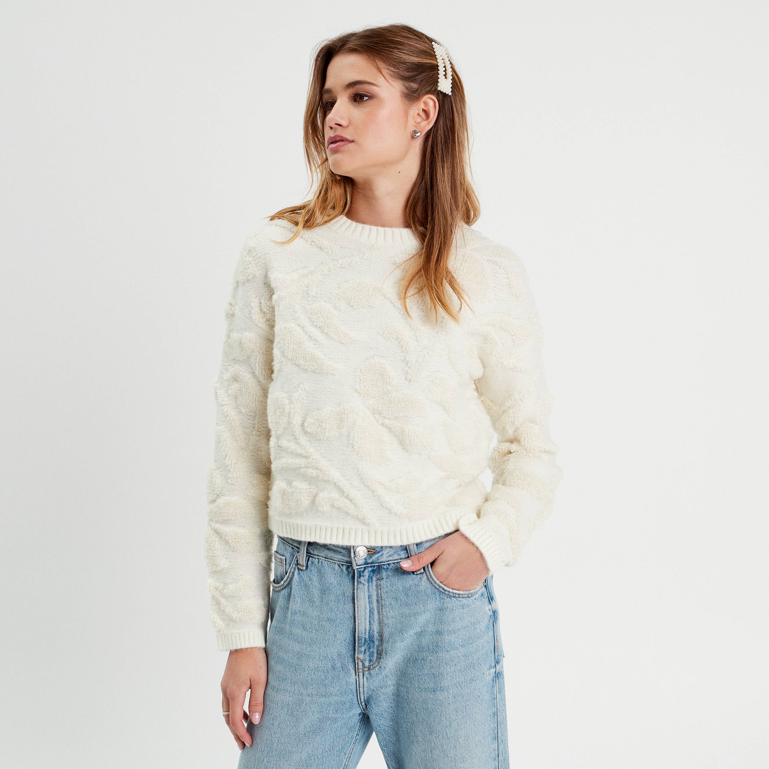 Pull manches longues ecru femme