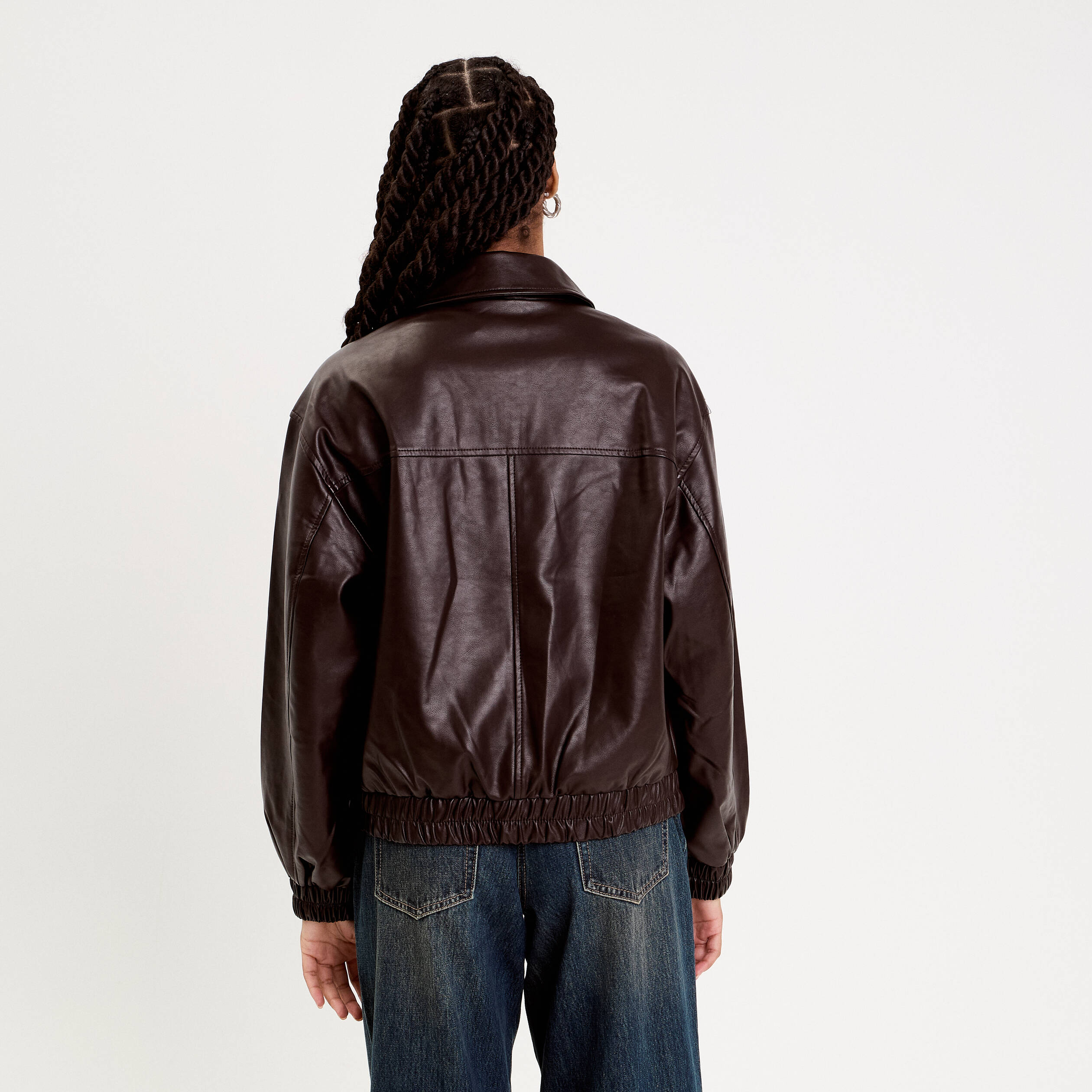 Bomber oversize similicuir col chemise marron fonc&eacute; femme