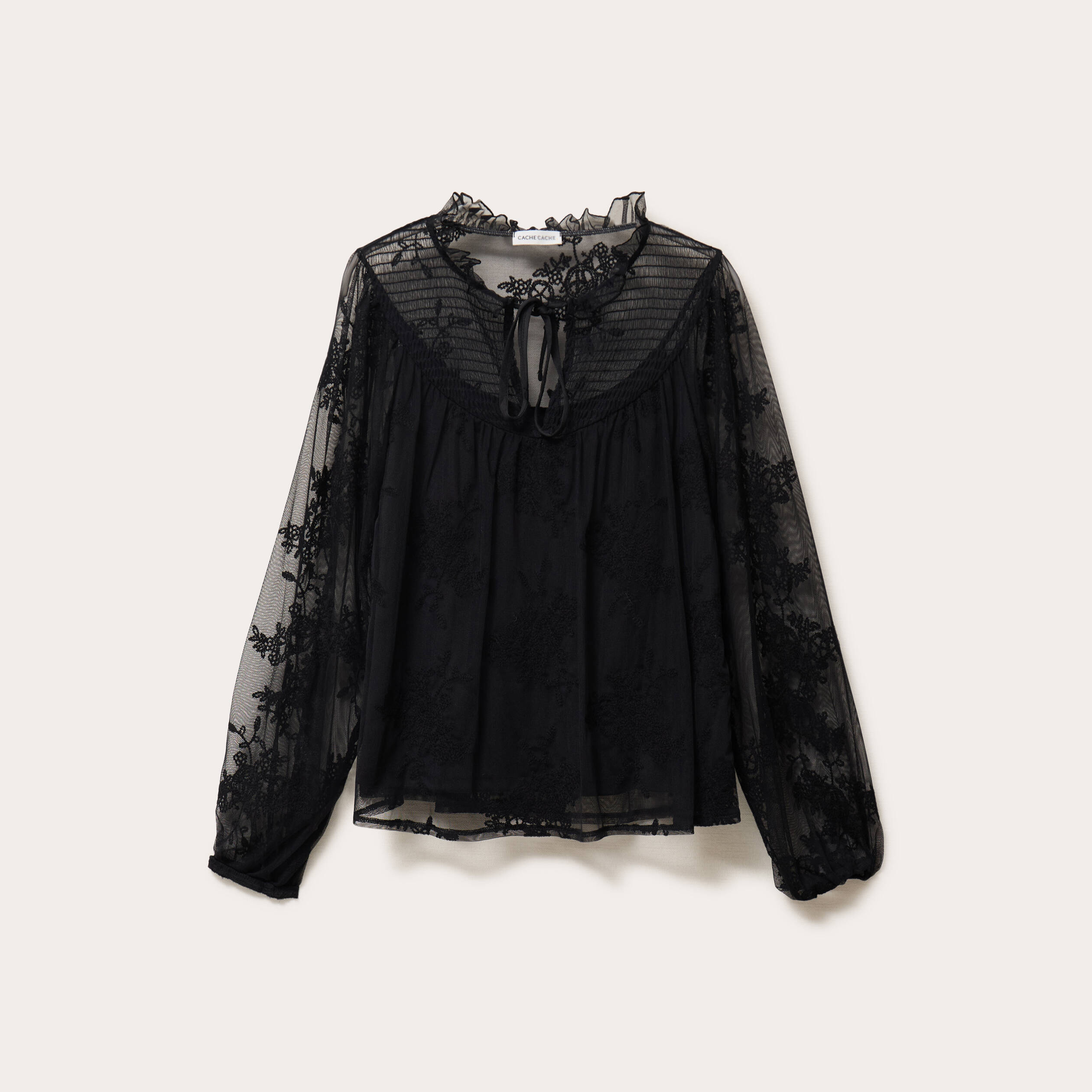 Blouse dentelle manches longues noir femme