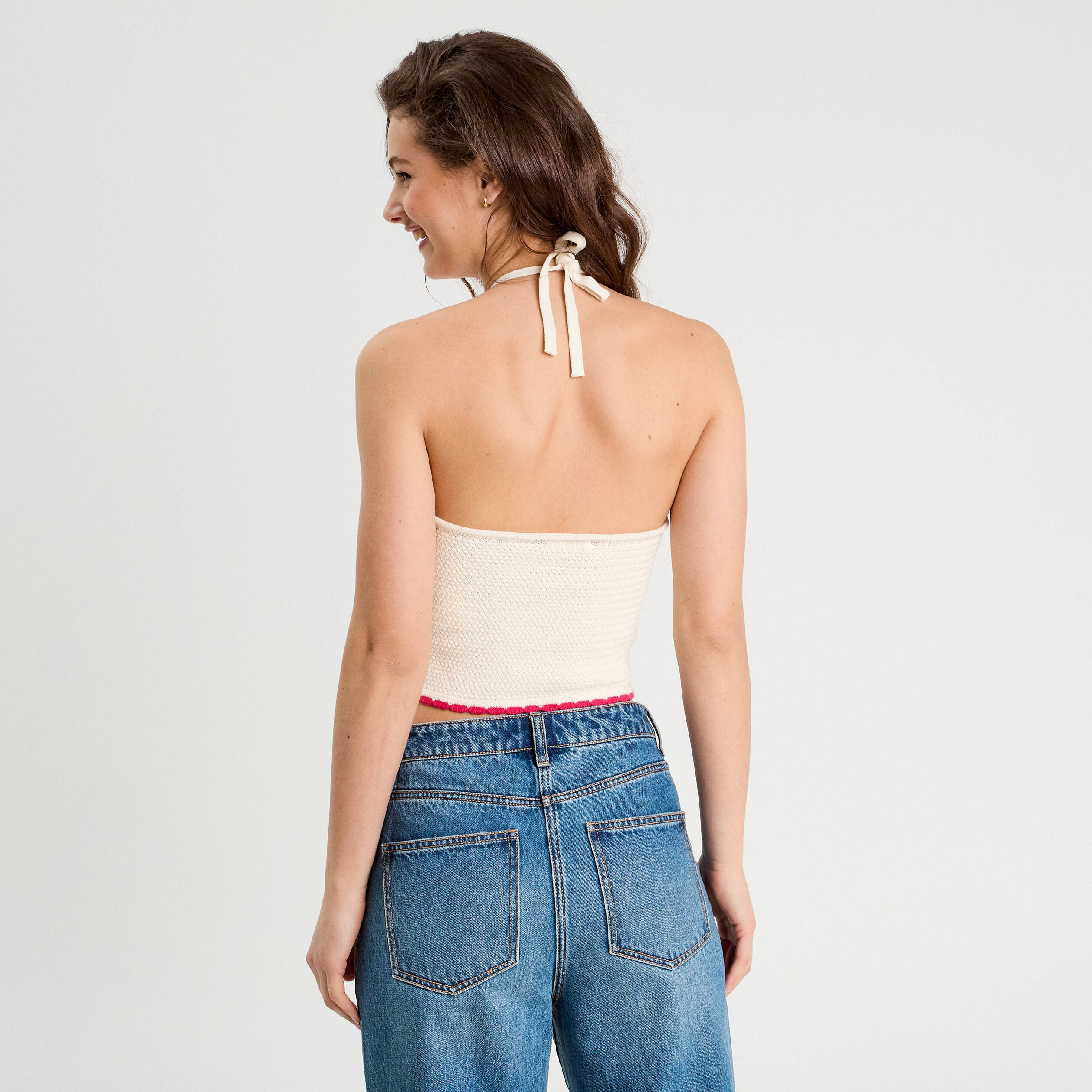 Crop top tricot brod&eacute; ecru femme