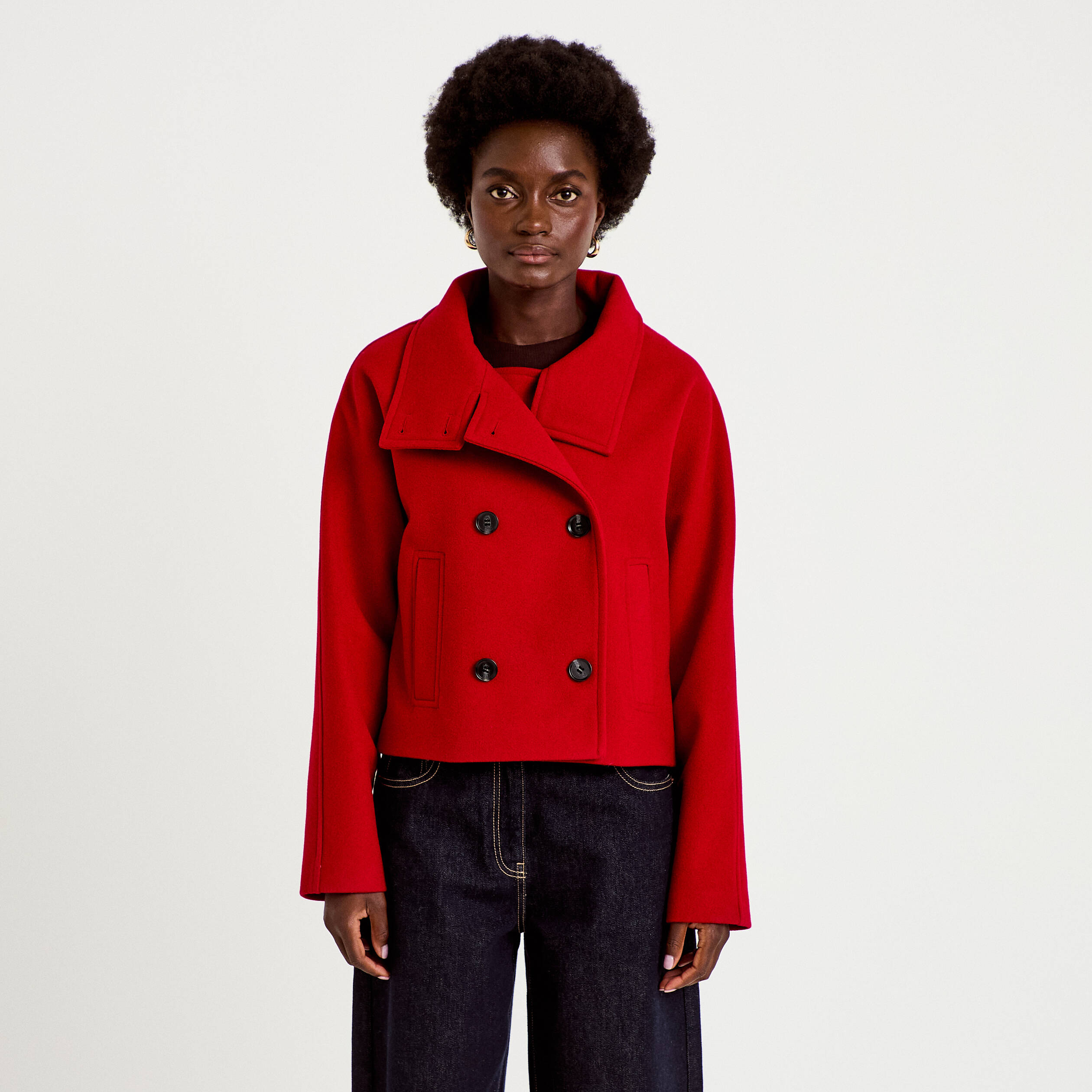 Veste chin&eacute;e col montant manches longues rouge femme