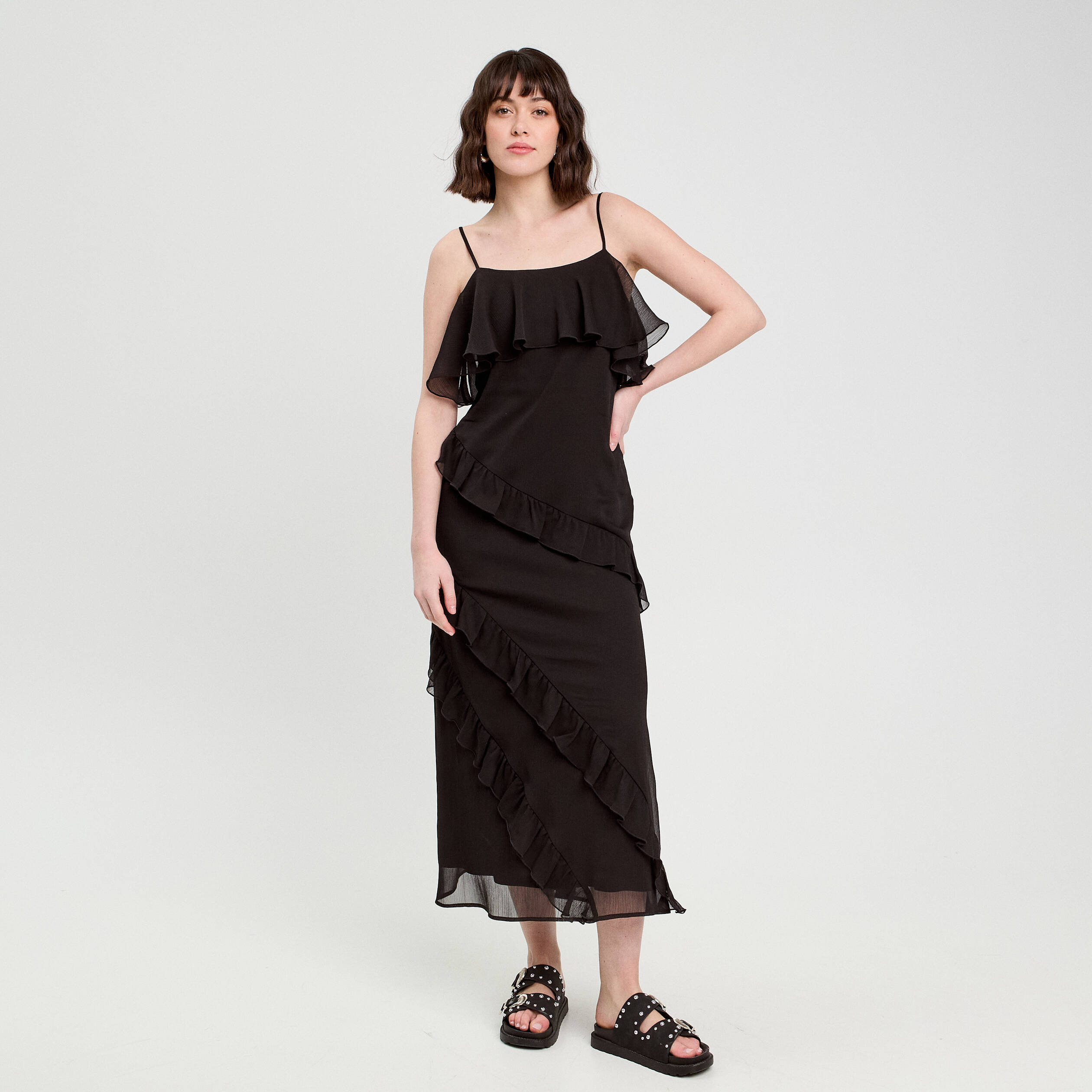 robe longue droite volants noir femme Robe longue droite volants noir femme