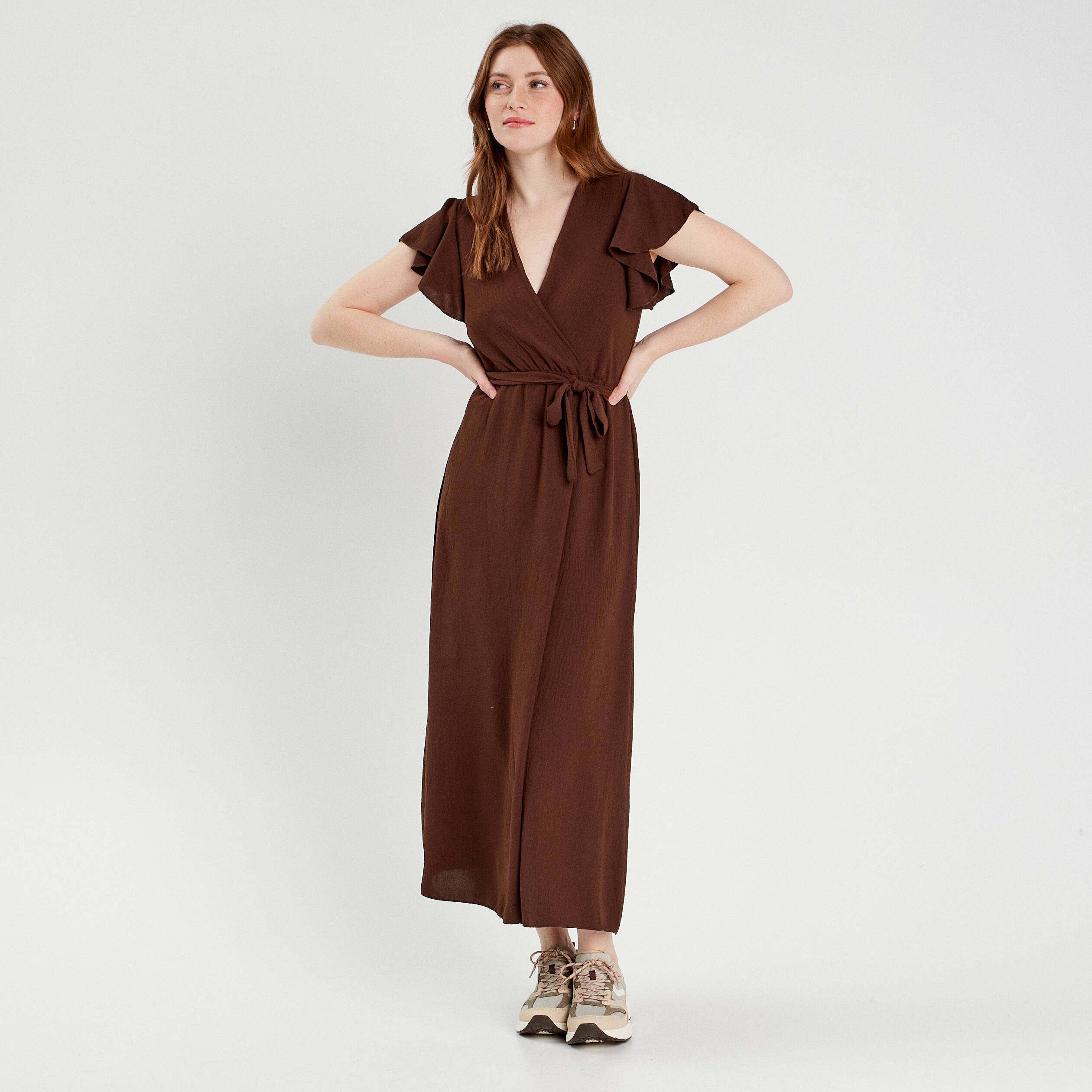 Robe longue évasée cache-coeur marron femme | Vibs