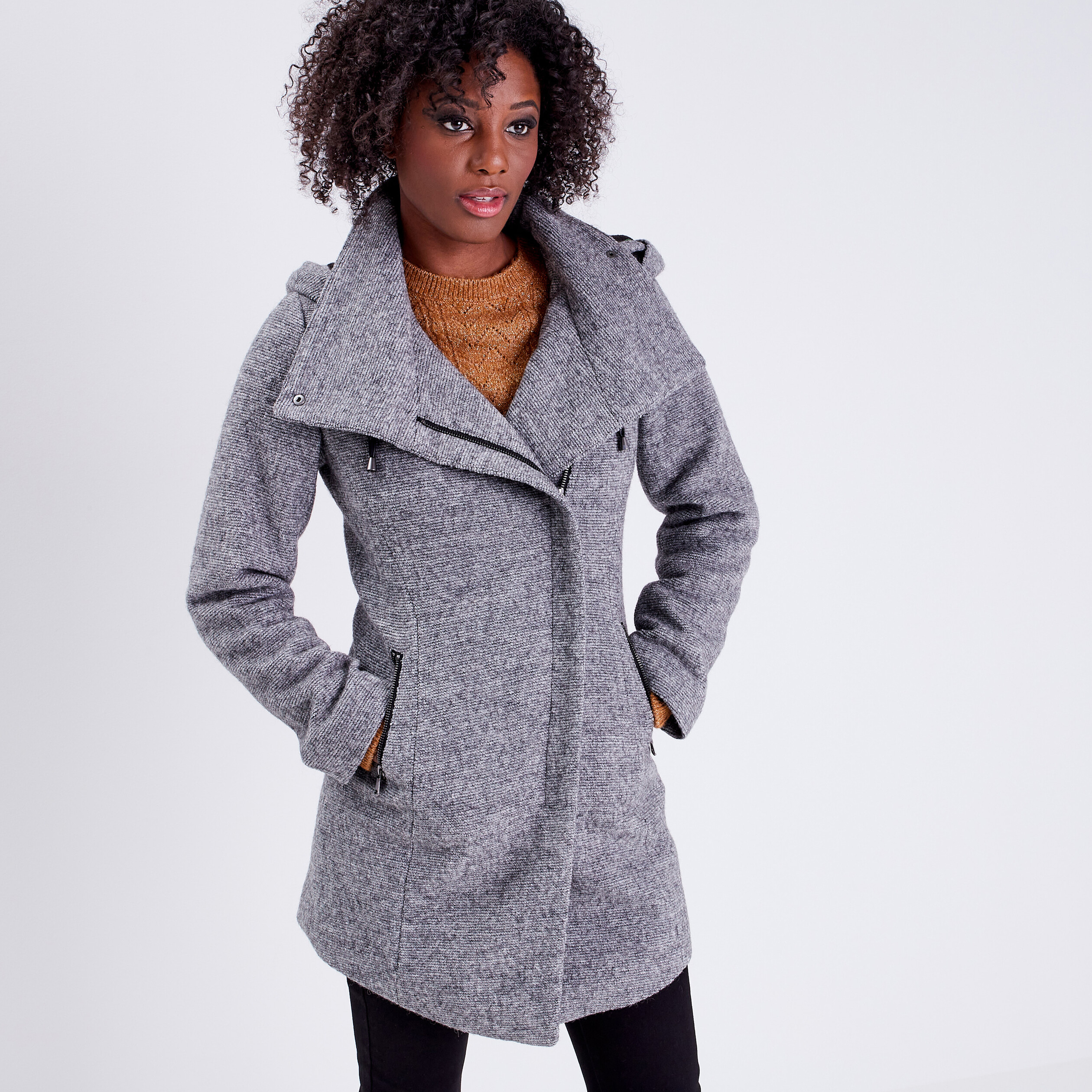 Manteau cintré asymétrique gris foncé femme