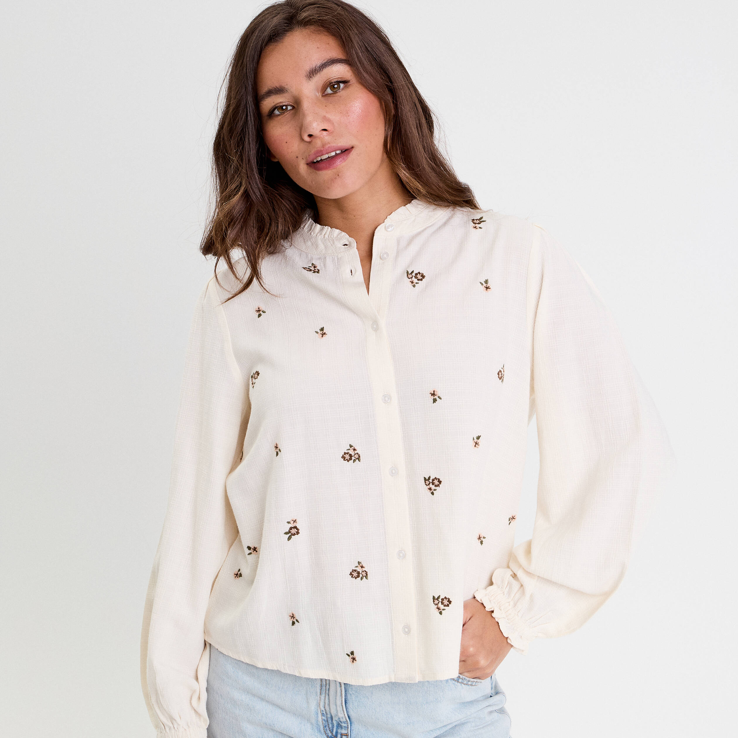 Blouse droite courte col v broderie ivoire femme Vibs