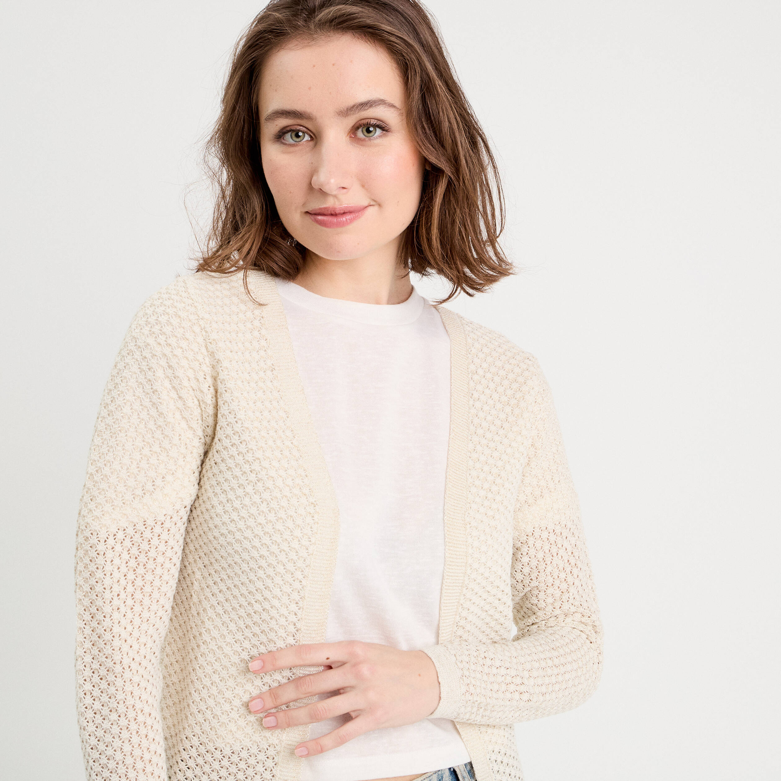 Gilet manches longues ajour&eacute; ecru femme