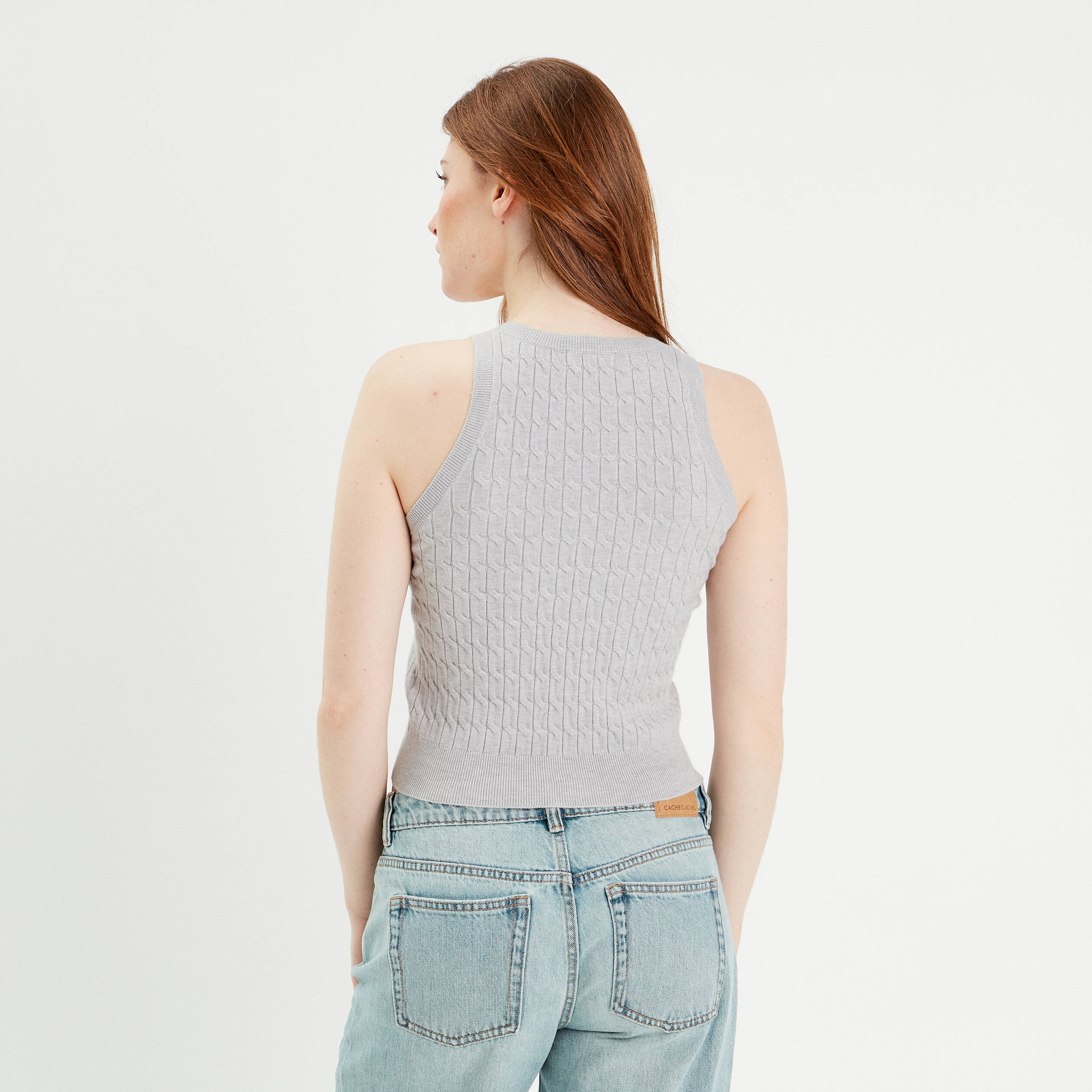 D&eacute;bardeur tricot torsades gris clair femme