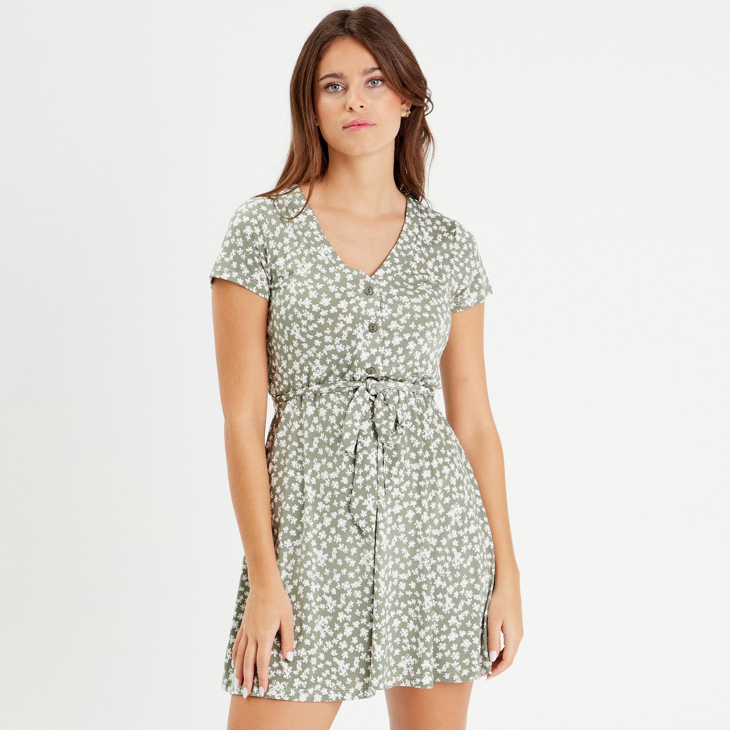 Robe patineuse ceintur&eacute;e vert femme