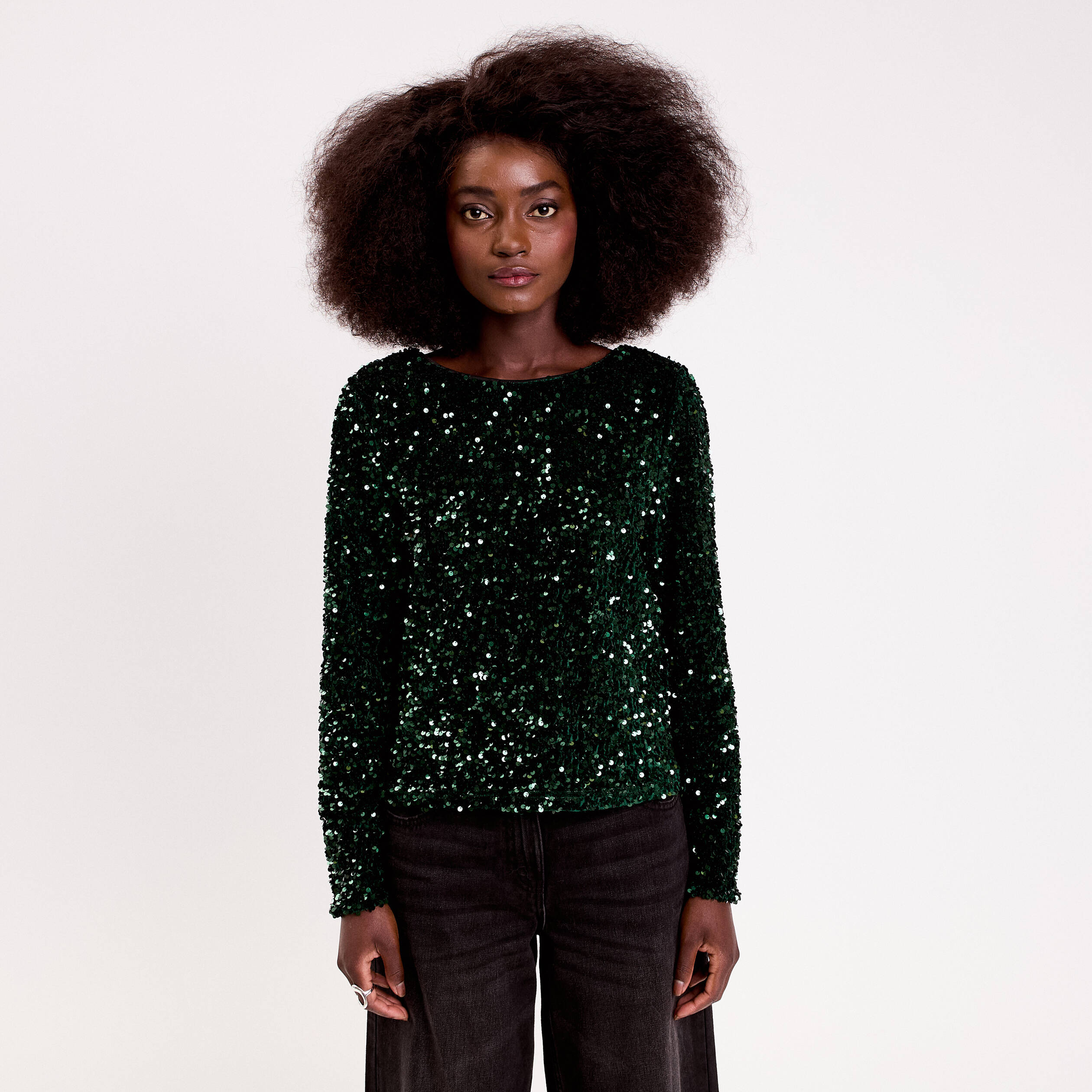 Blouse &agrave; sequins dos nou&eacute; vert fonc&eacute; femme