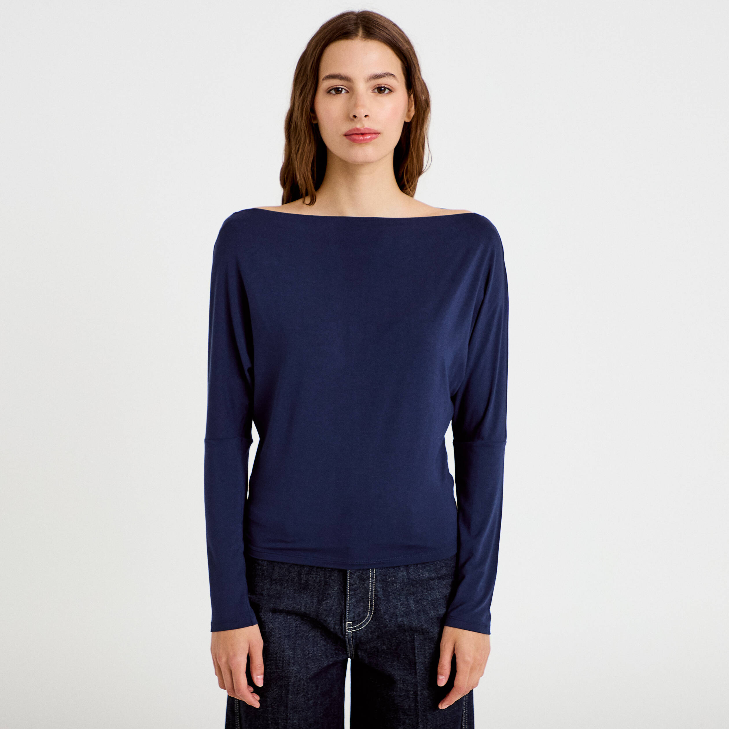T-shirt col bateau manches longues bleu marine femme