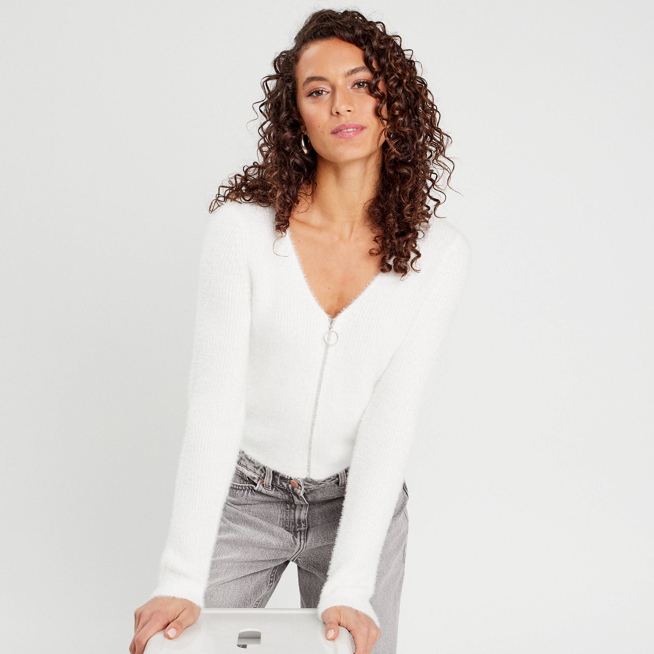 Gilet zipp?� mailles duveteuses ecru femme | Vibs