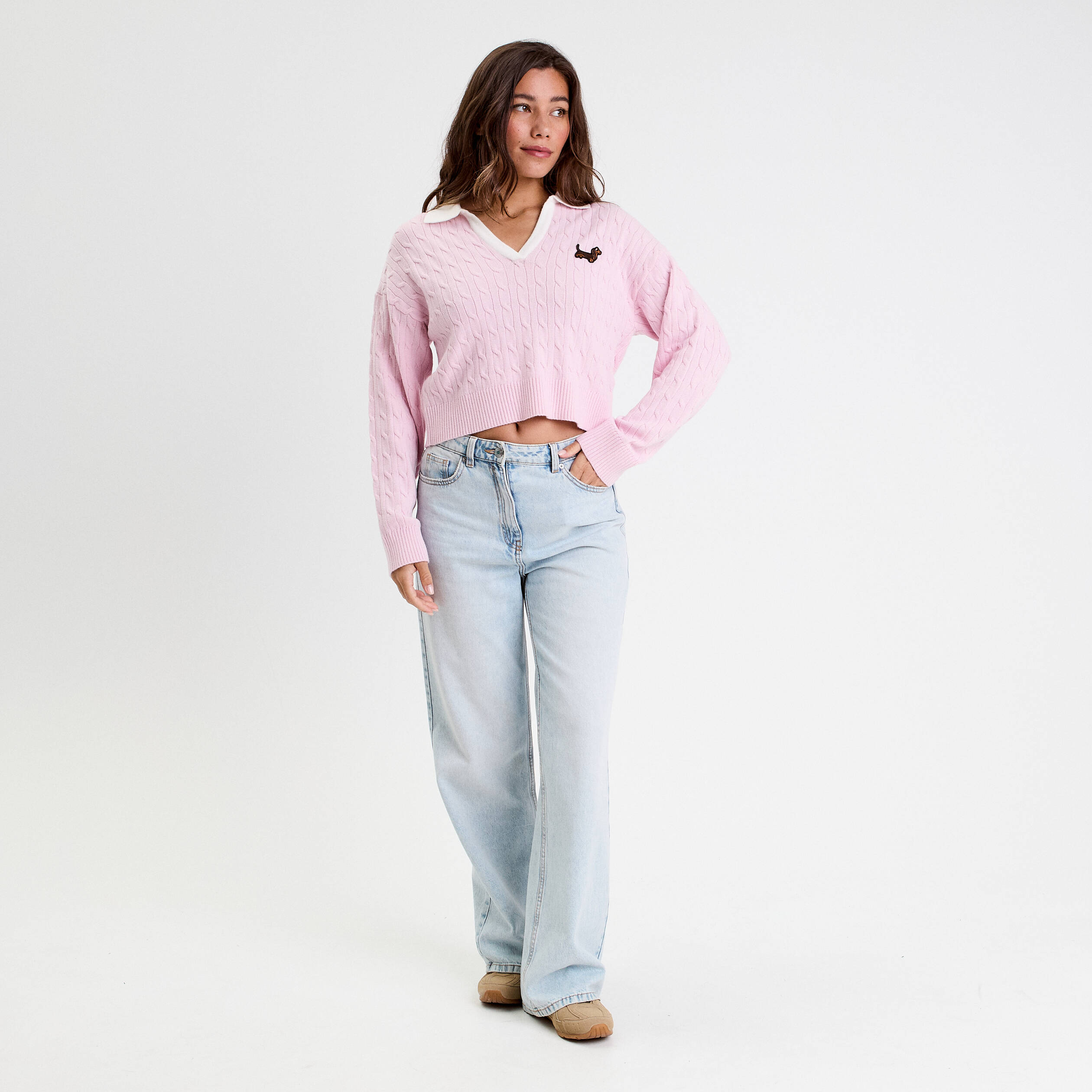 pull manches longues col polo rose clair femme Pull manches longues col polo rose clair femme