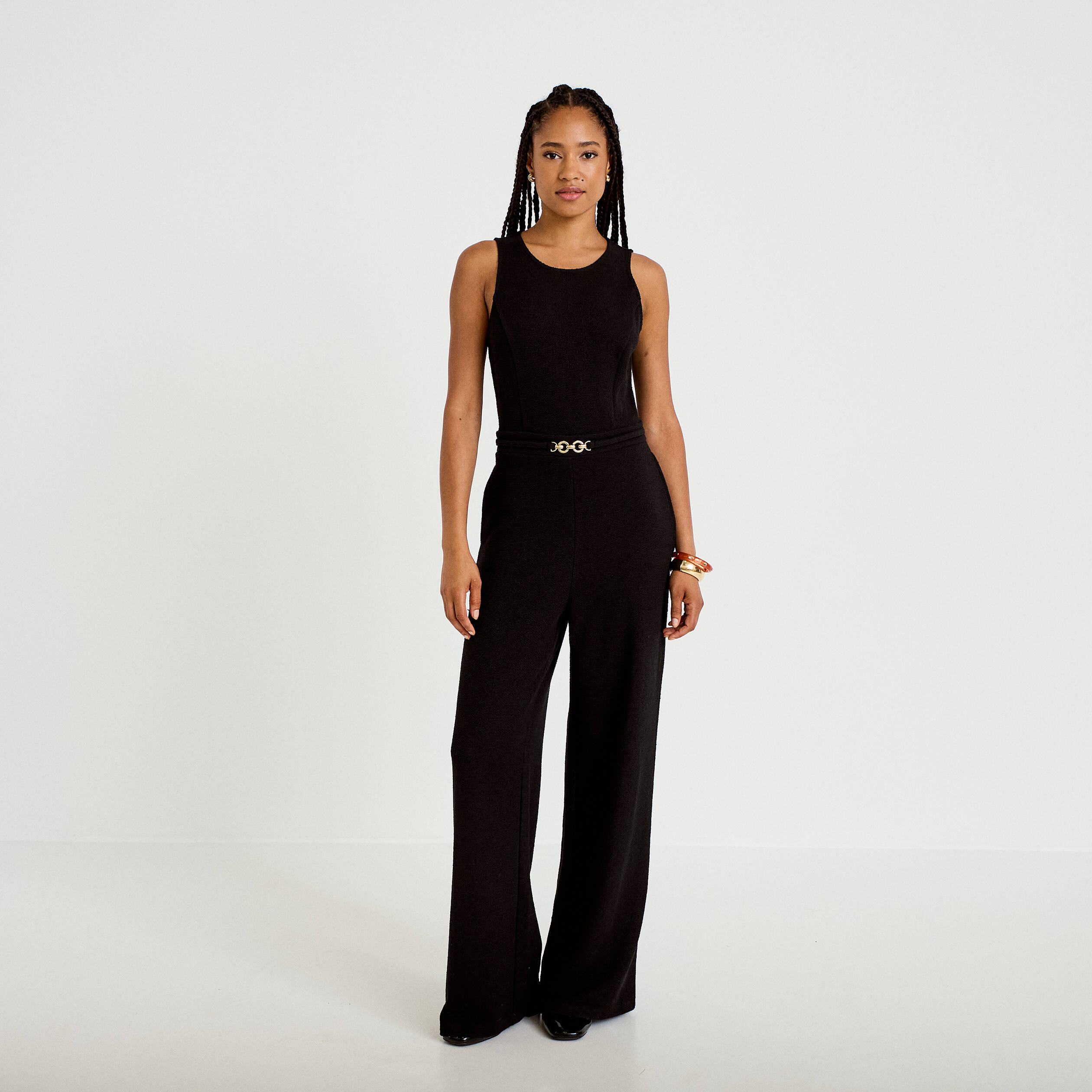 Combinaison large sans manches ceintur&eacute;e noir femme