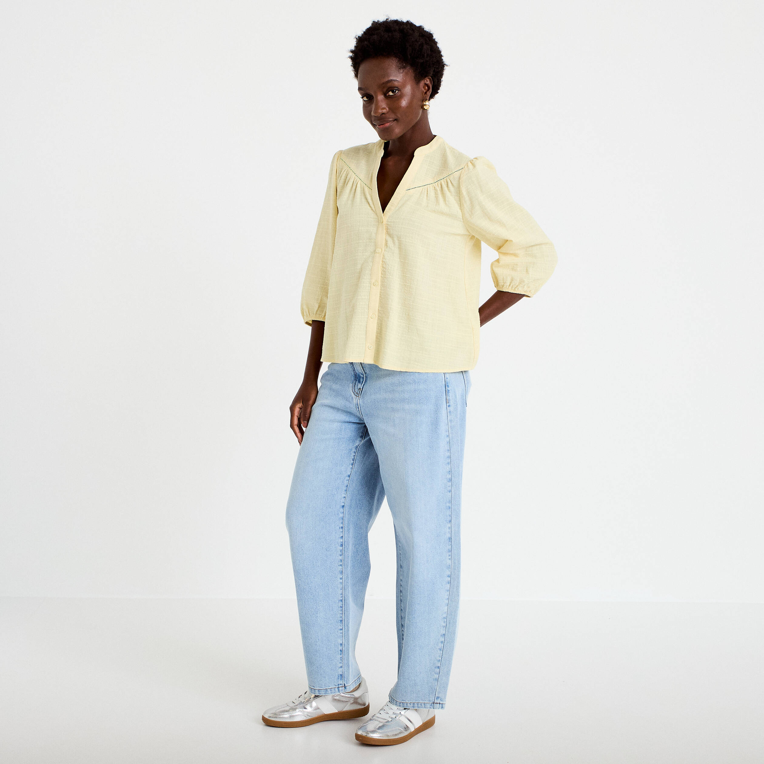Blouse ample col v manches 3/4 jaune clair femme