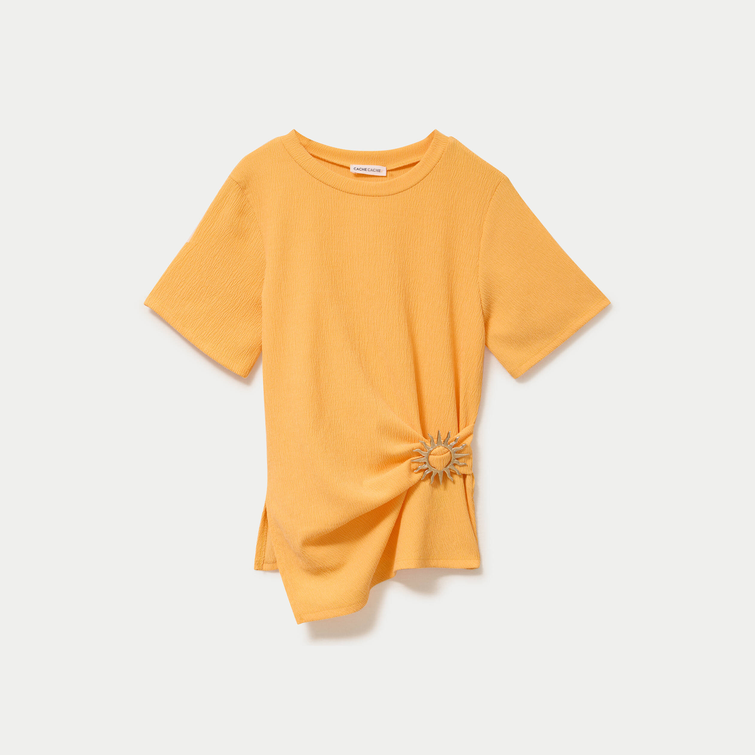 T-shirt cintr&eacute; col rond manches courtes orange clair femme