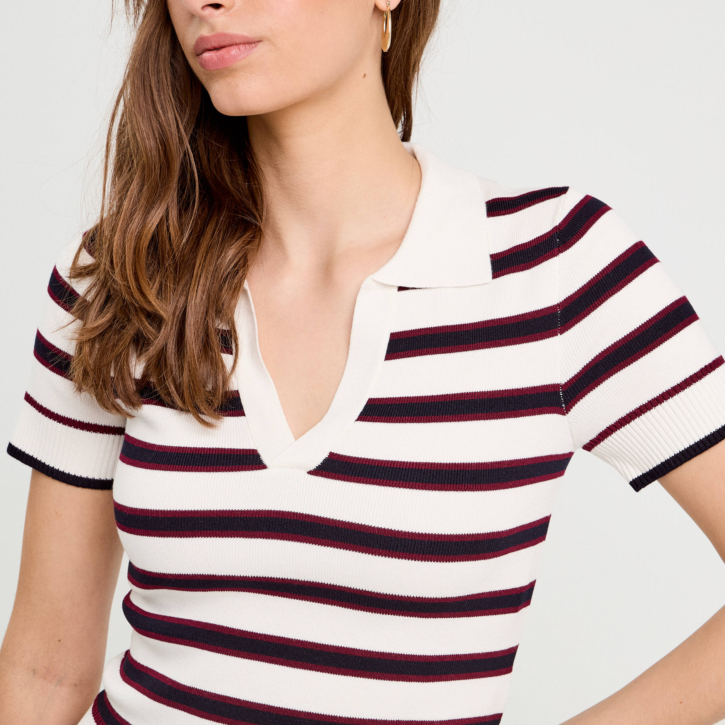 Pull manches courtes col polo blanc femme