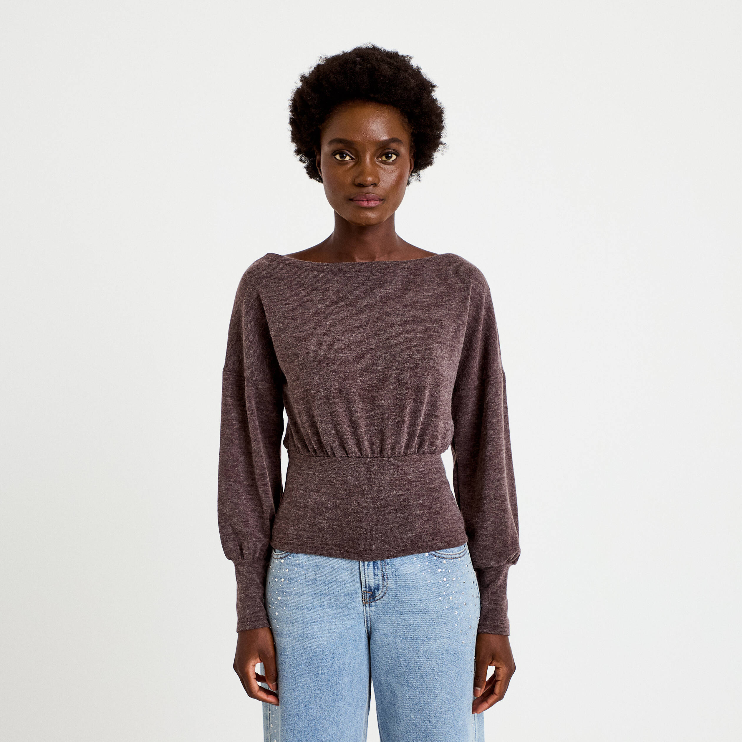 Pull col bateau manches longues marron fonc&eacute; femme