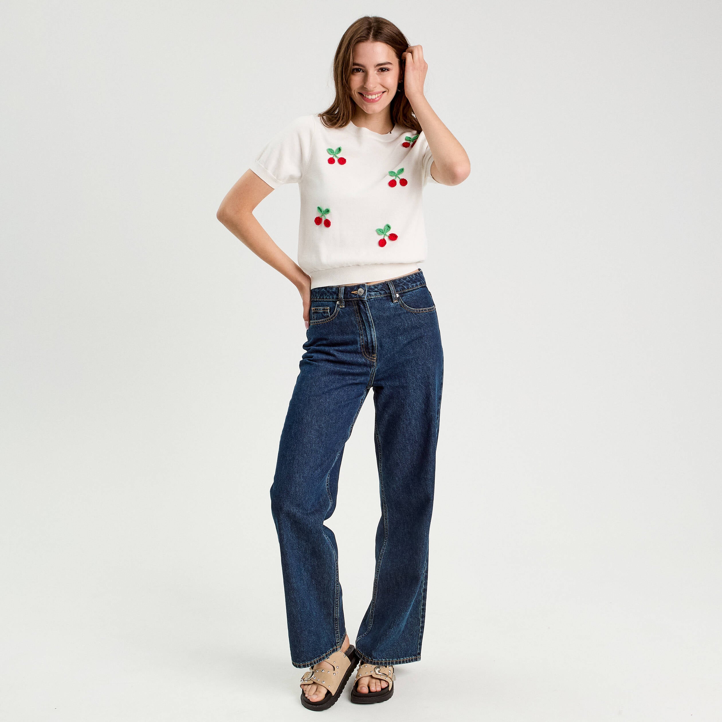 Pull manches courtes patchs ecru femme