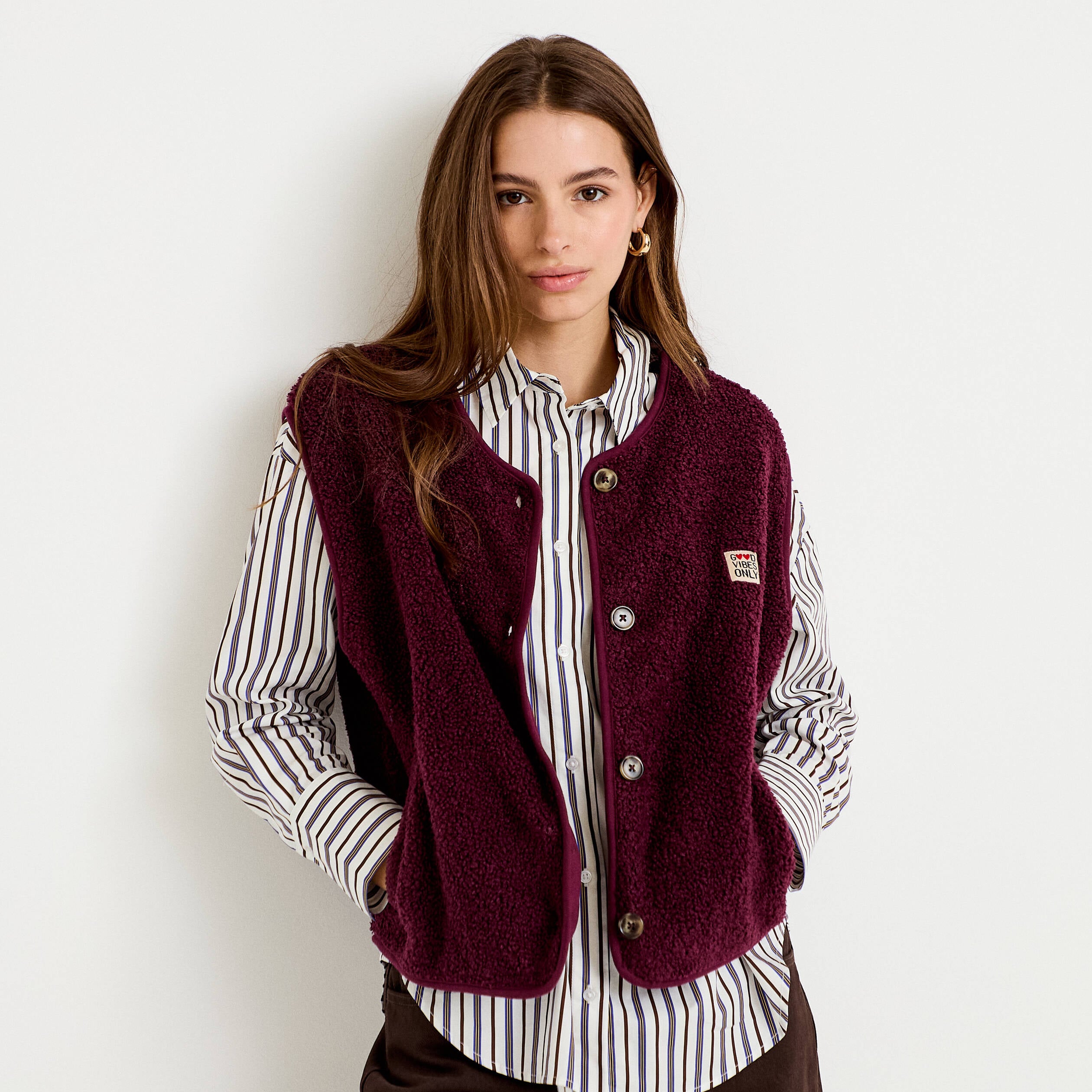 Gilet sans manches effet polaire prune femme