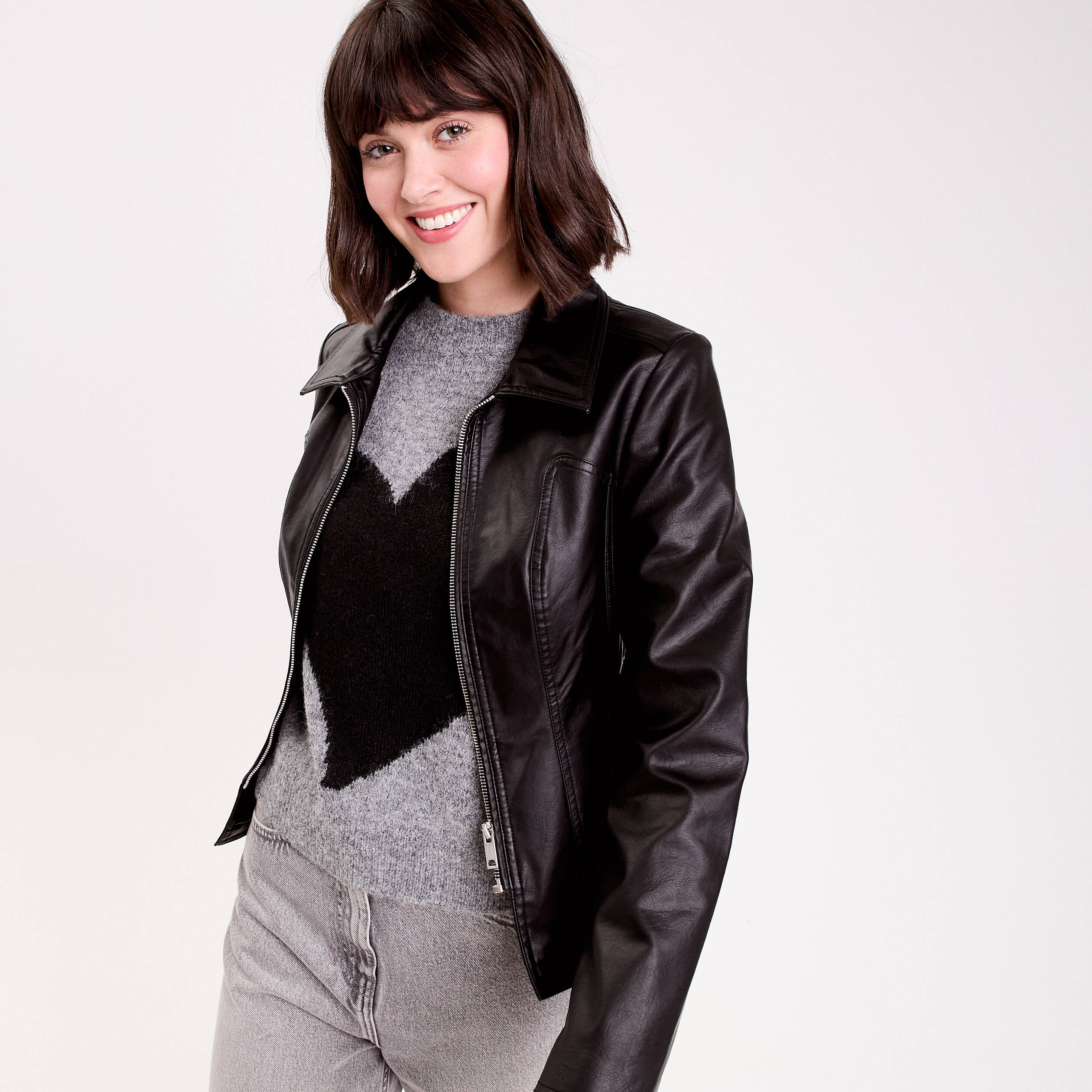 Veste cintrée courte similicuir denim noir enduit femme Vibs