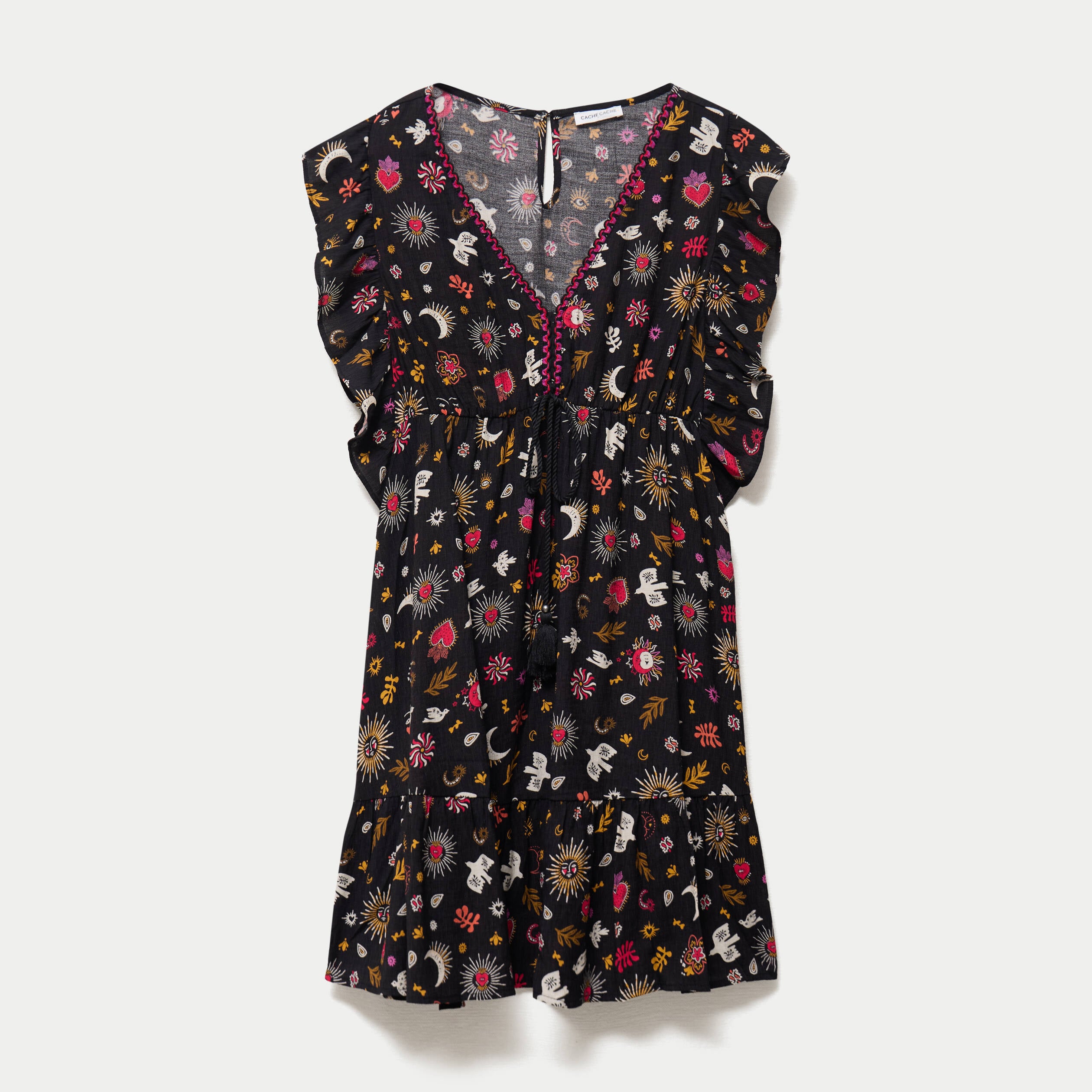 Robe &eacute;vas&eacute;e cr&ecirc;pe col v manches courtes noir femme