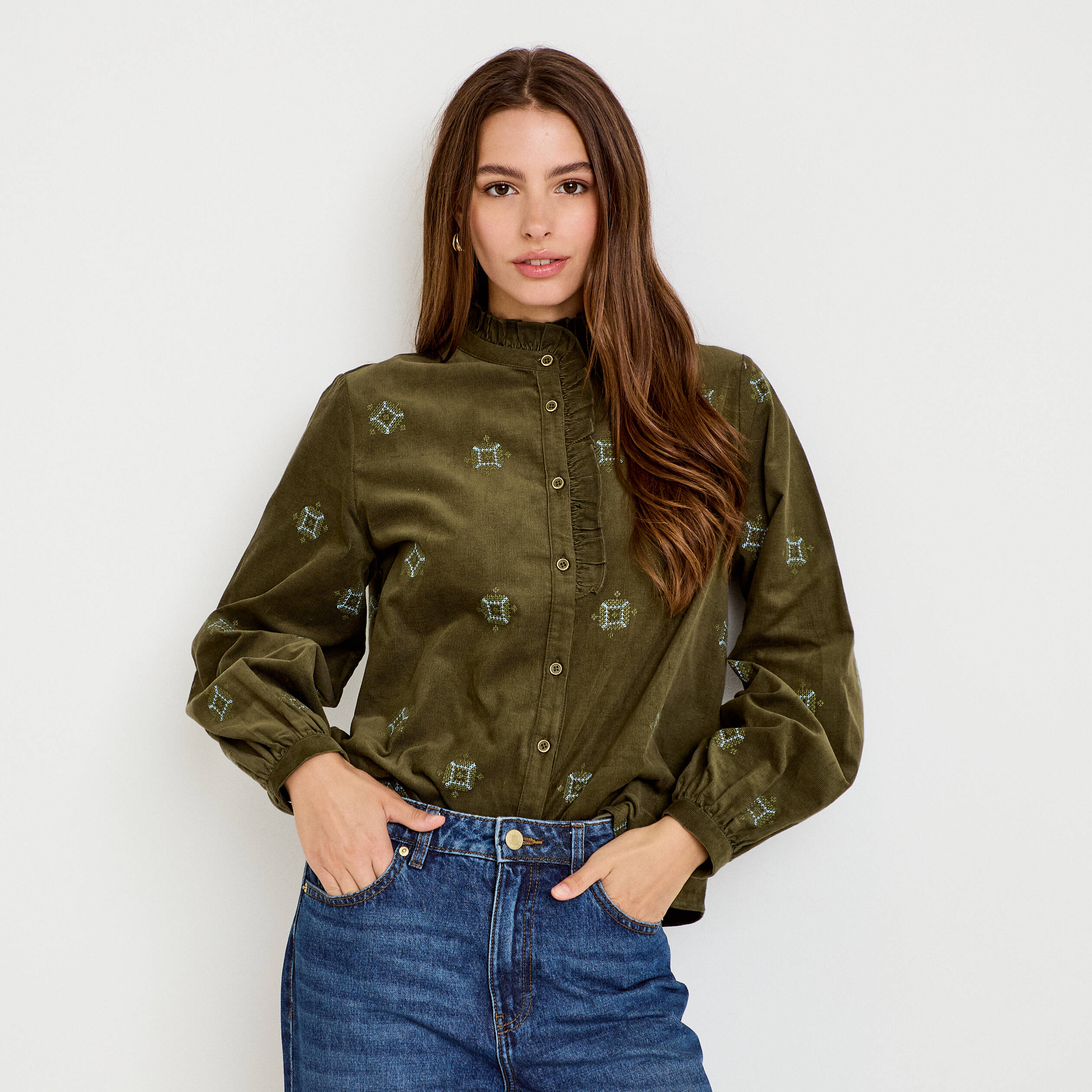 Chemise droite velours col montant vert kaki femme