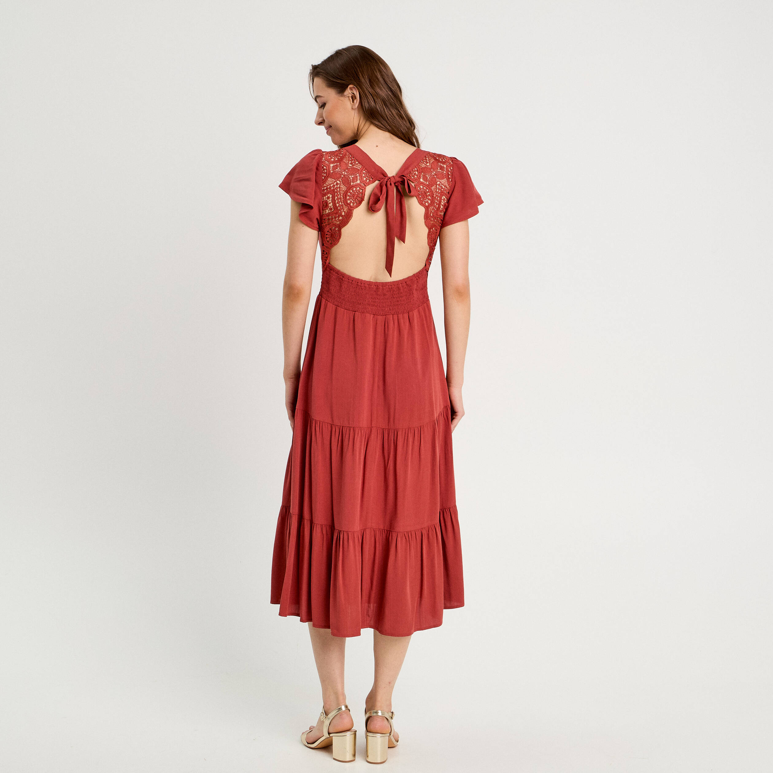 robe longue evasee col en v vieux rose femme Robe longue évasée col en V vieux rose femme
