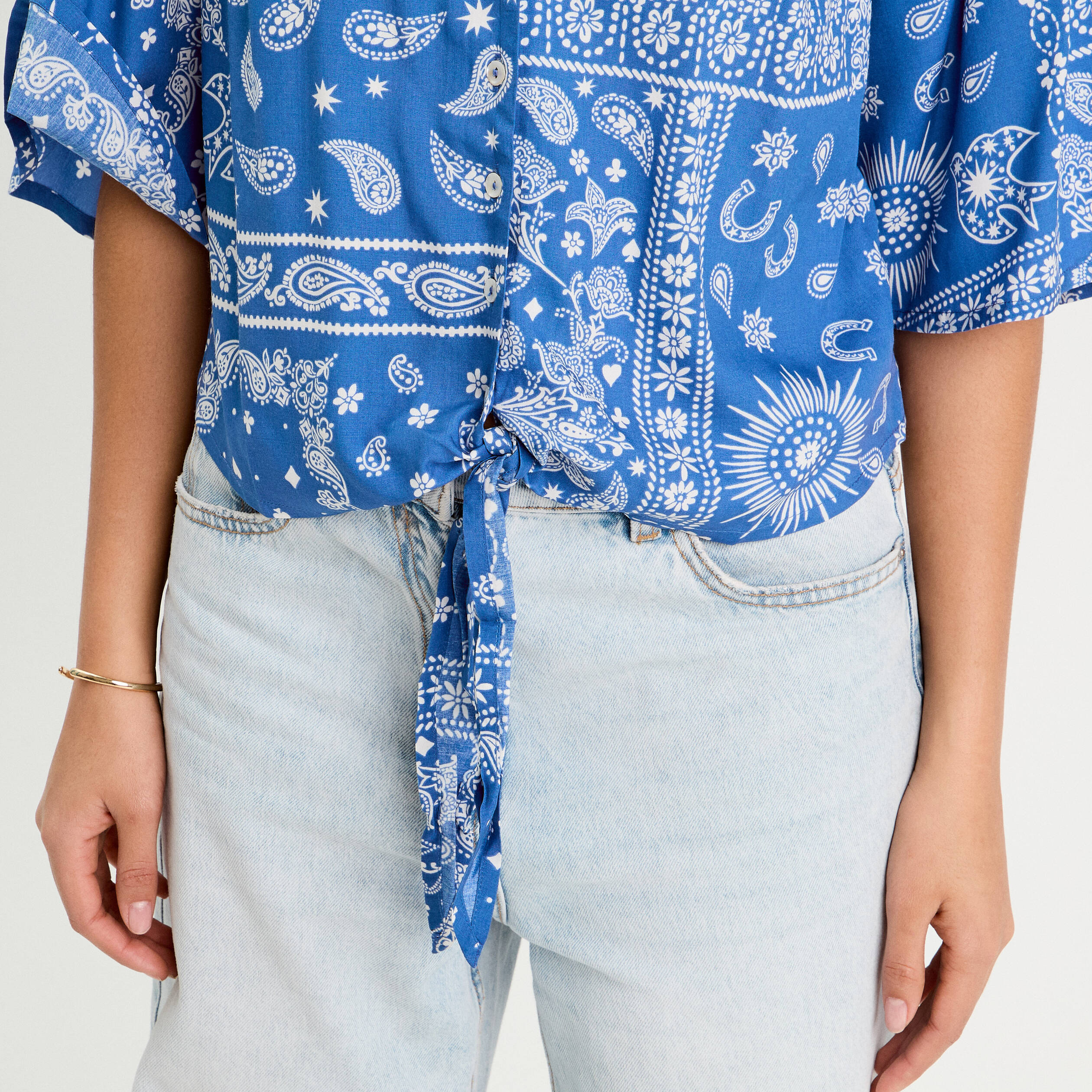 Blouse nouée manches 3/4 bleu femme