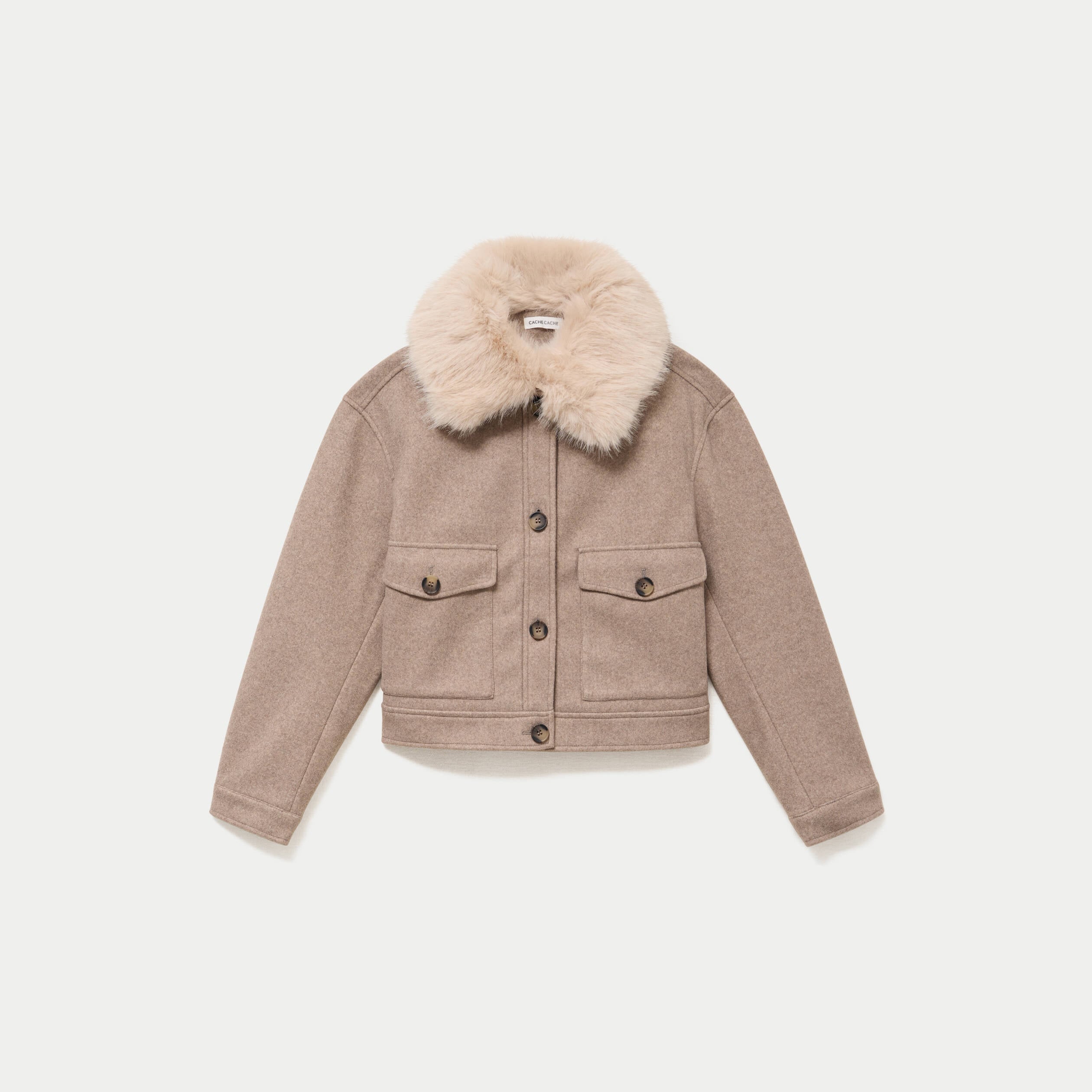 Blouson col fausse fourrure taupe femme