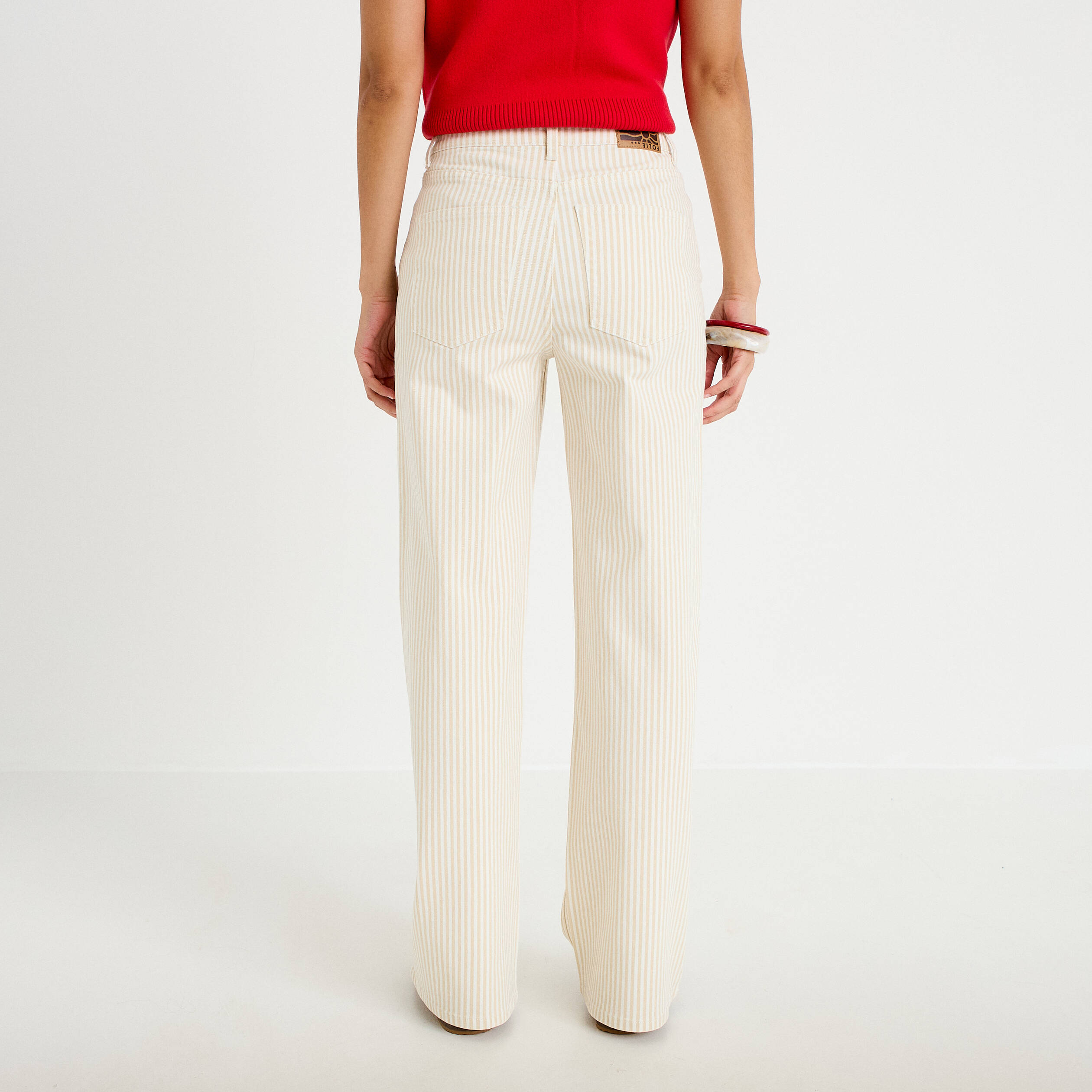 Jean wide leg ray&eacute; taille haute beige femme
