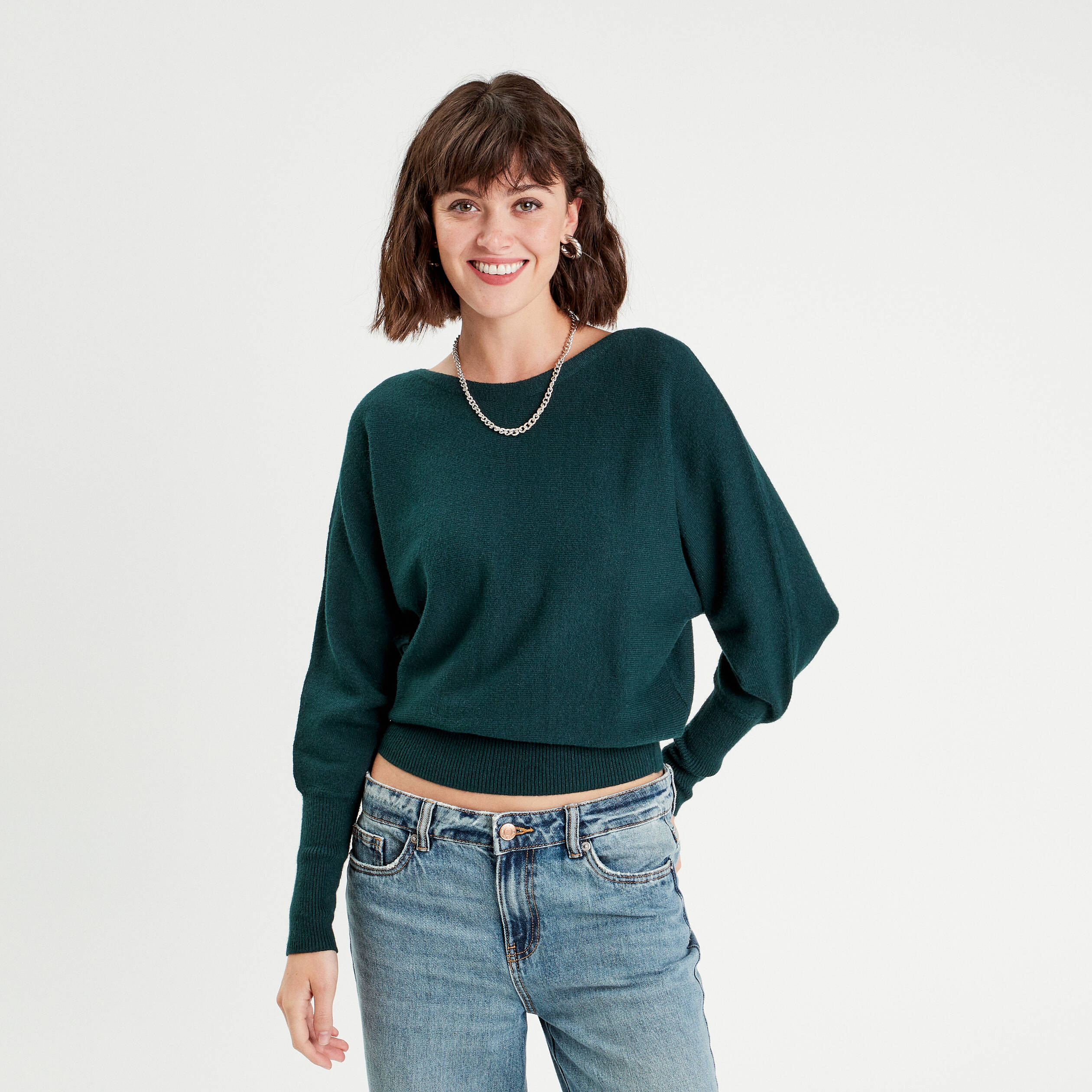 pull manches chauves souris vert fonce femme Pull manches chauves-souris vert foncé femme