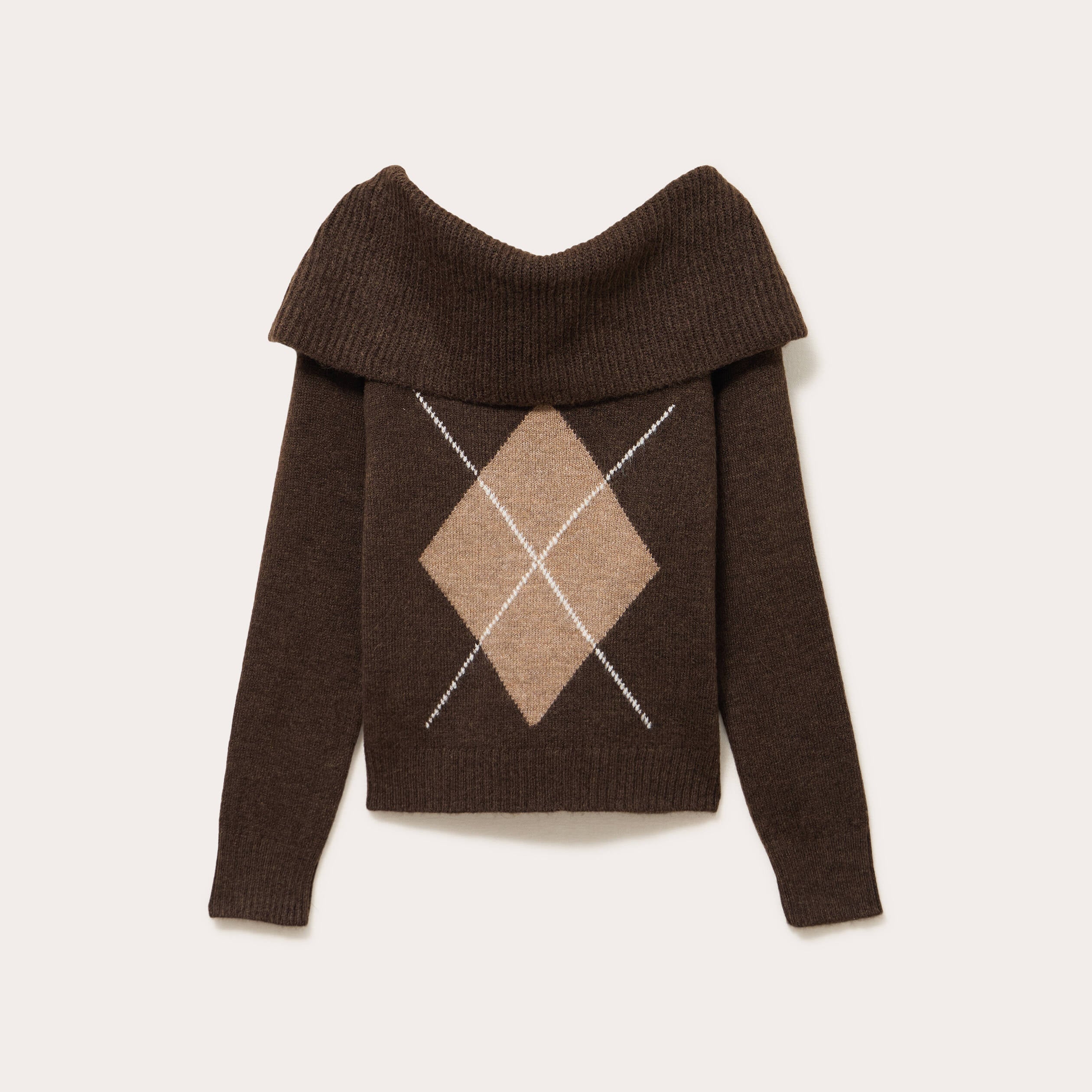 Pull col bardot &agrave; motif manches longues marron femme