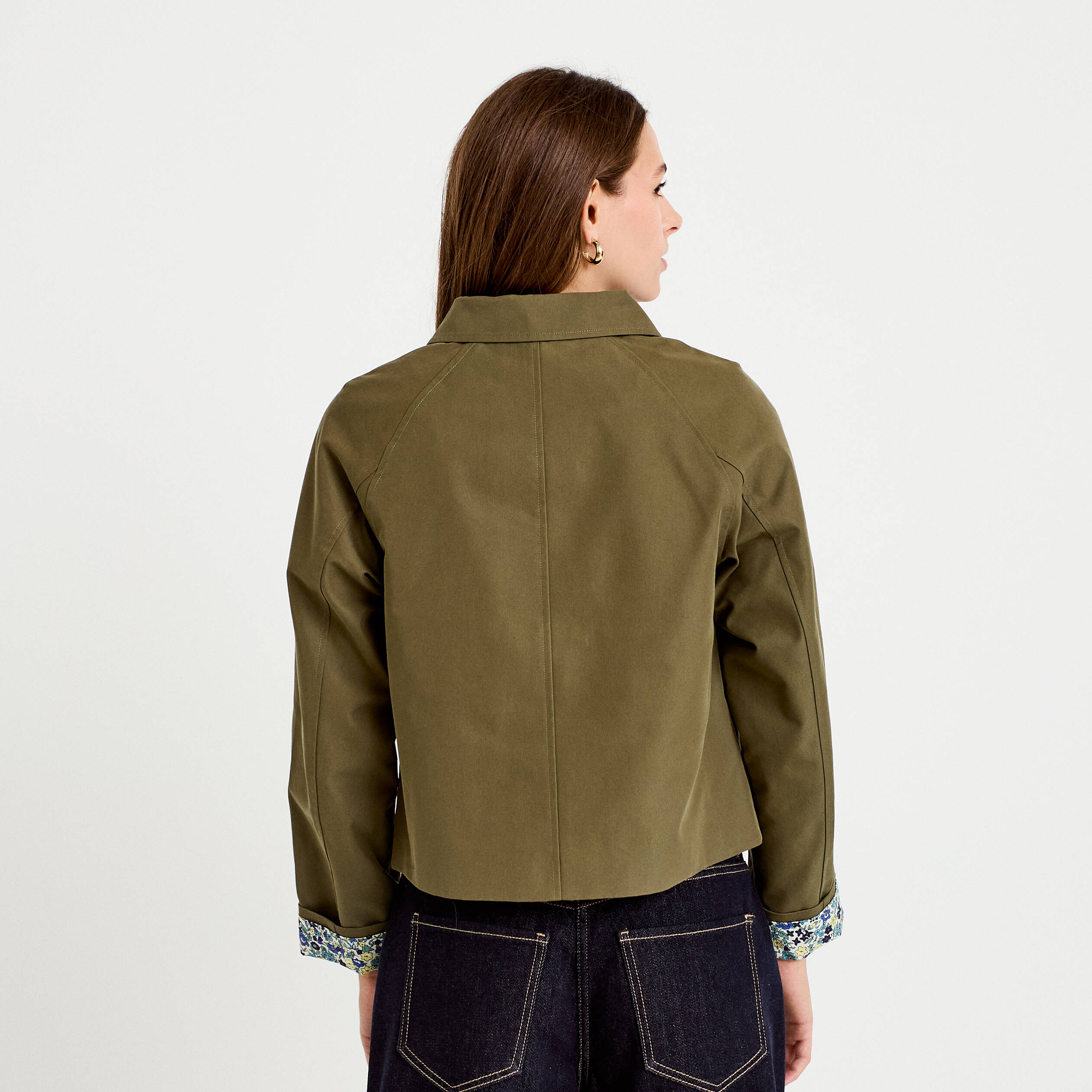 Veste courte boutonn&eacute;e doublure vichy vert kaki femme