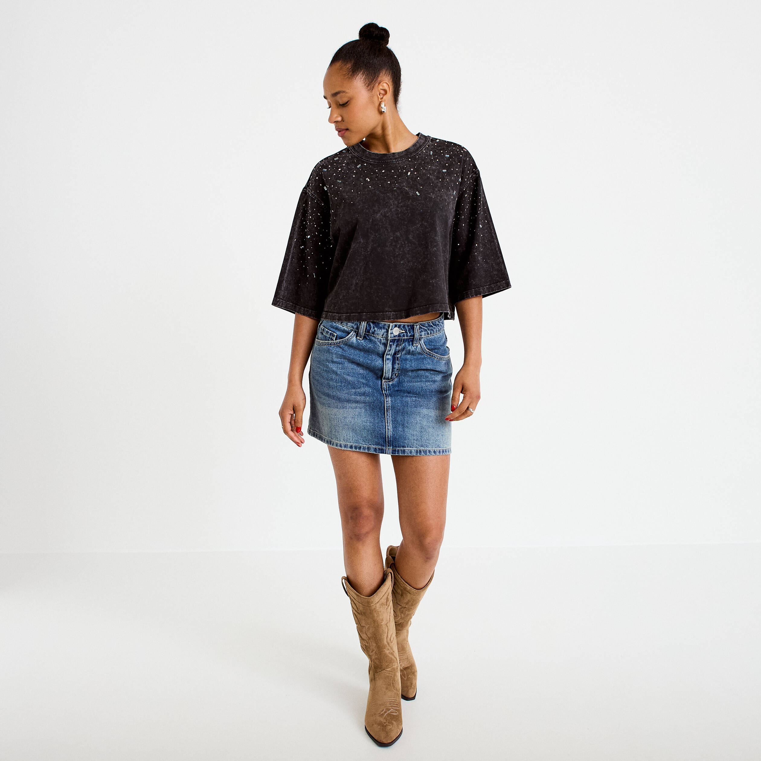 Jupe-short droite en jean denim double stone femme