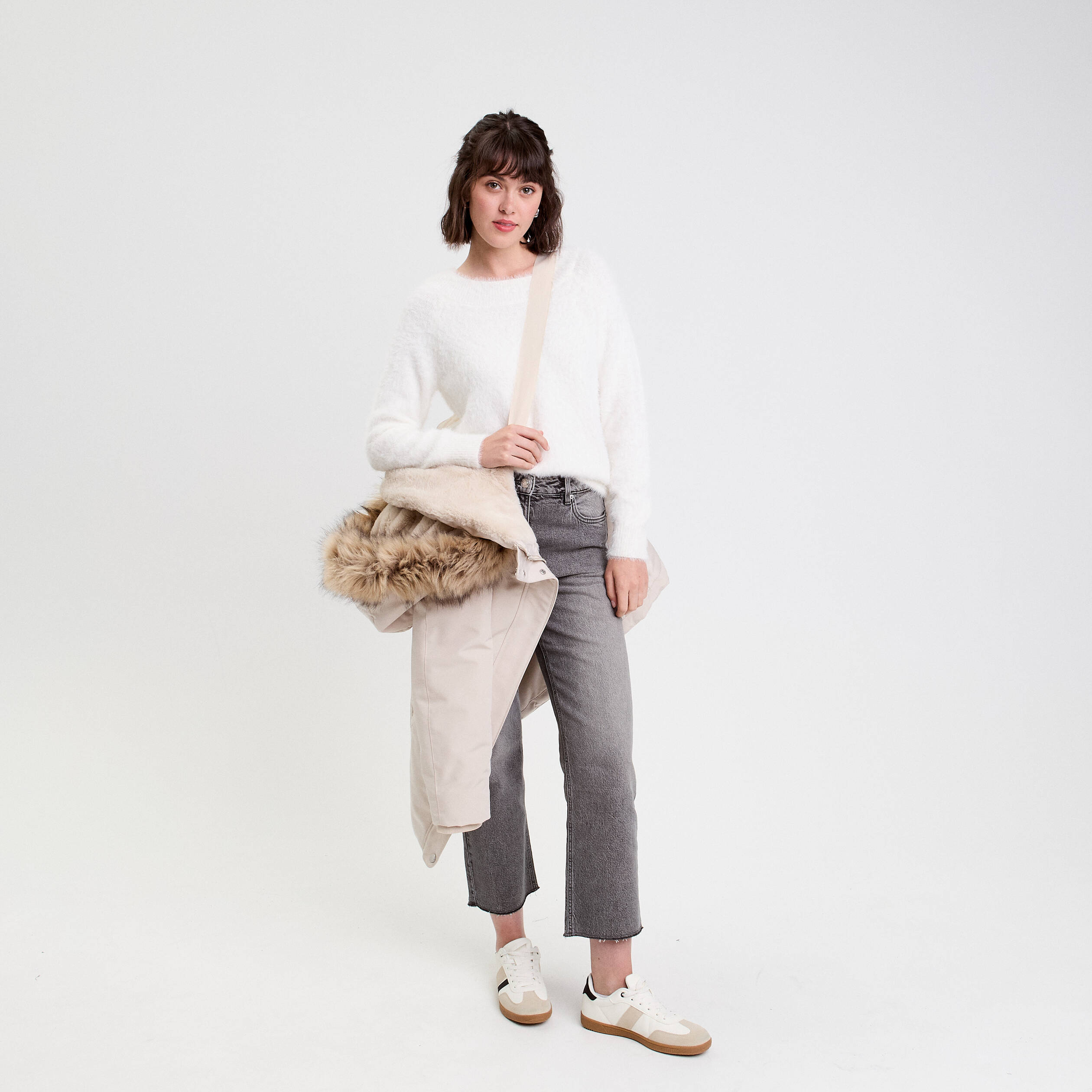 Parka &agrave; capuche fausse fourrure ecru femme
