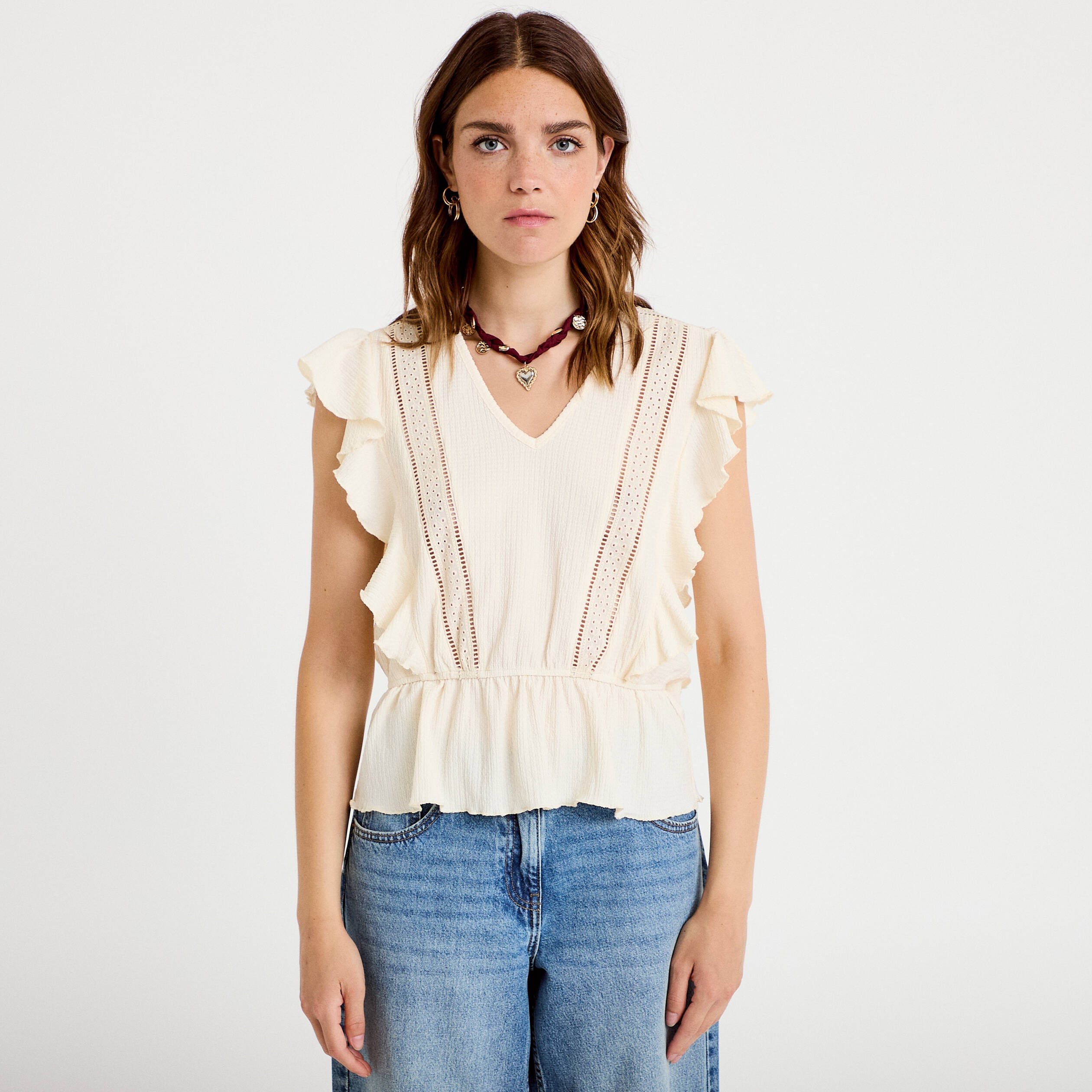 Blouse col rond manches courtes dentelle ecru femme