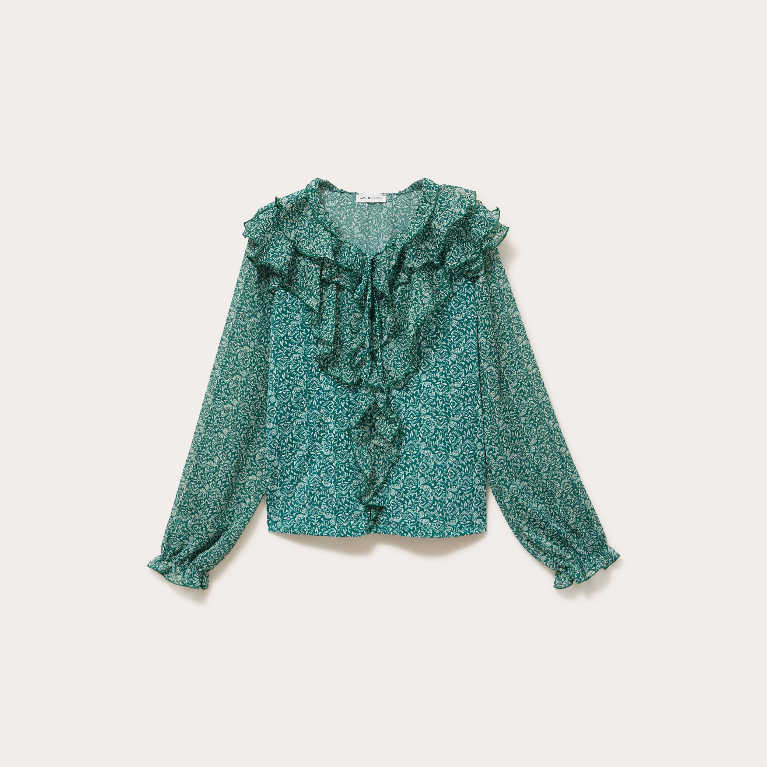 Blouse &agrave; volants vert fonc&eacute; femme