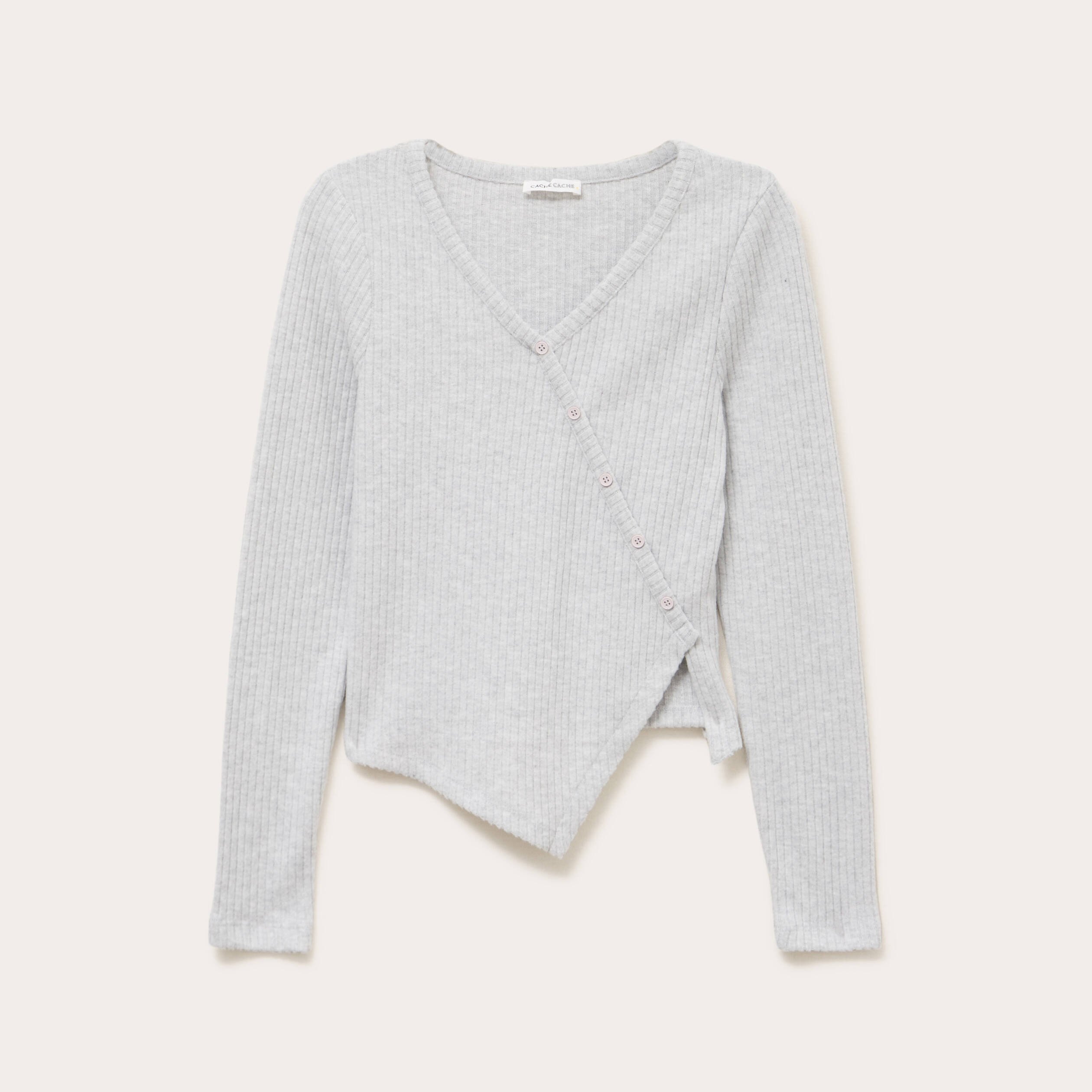 Pull duveteux col rond manches longues gris clair femme Vibs