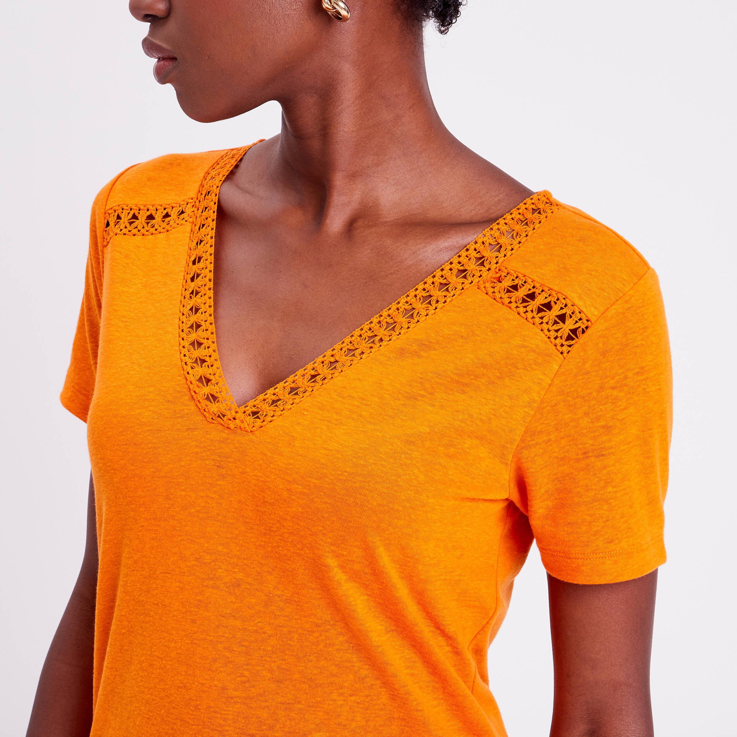 t shirt avec bandes macrame orange femme T-shirt avec bandes macramé orange femme