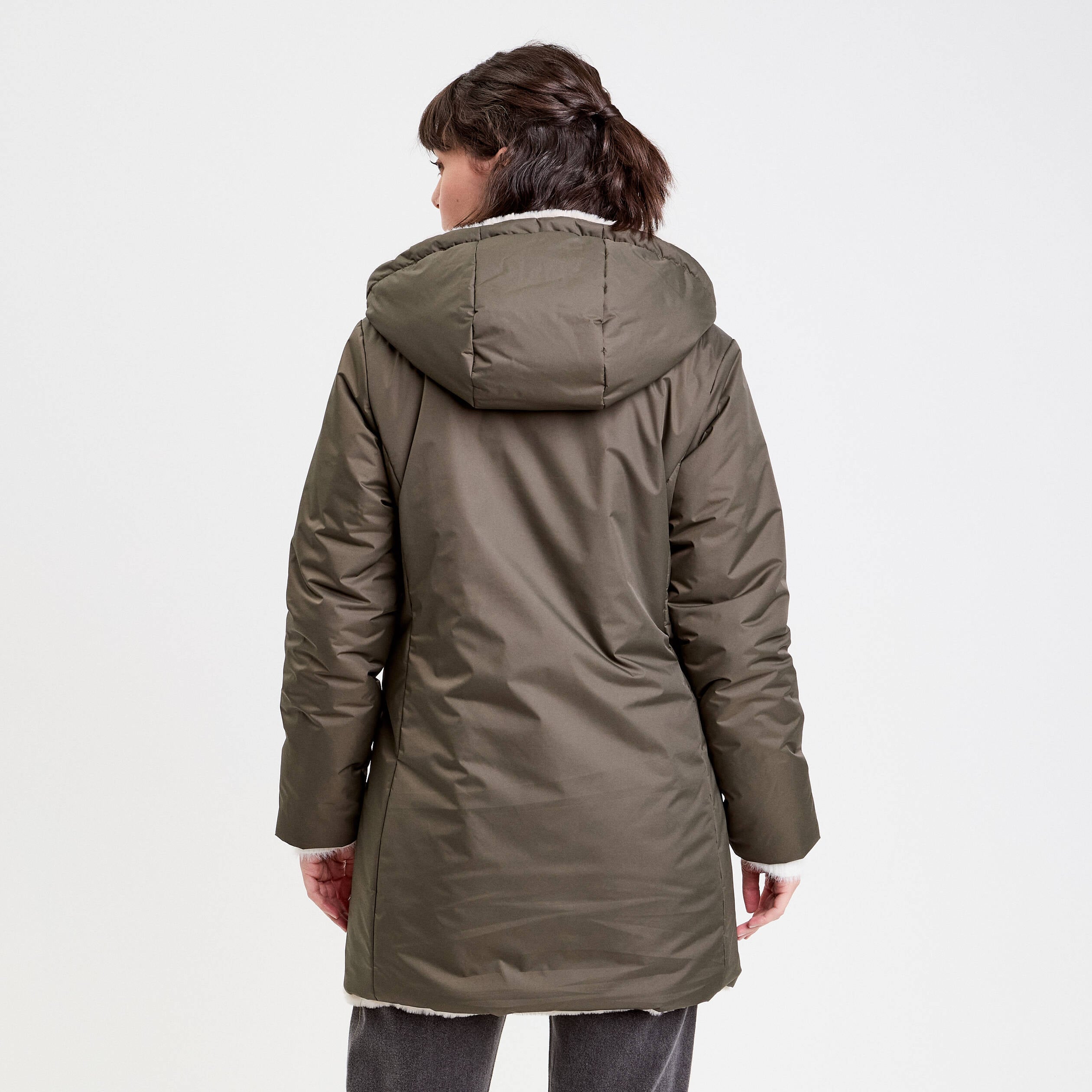 Parka r&eacute;versible &agrave; capuche vert kaki femme