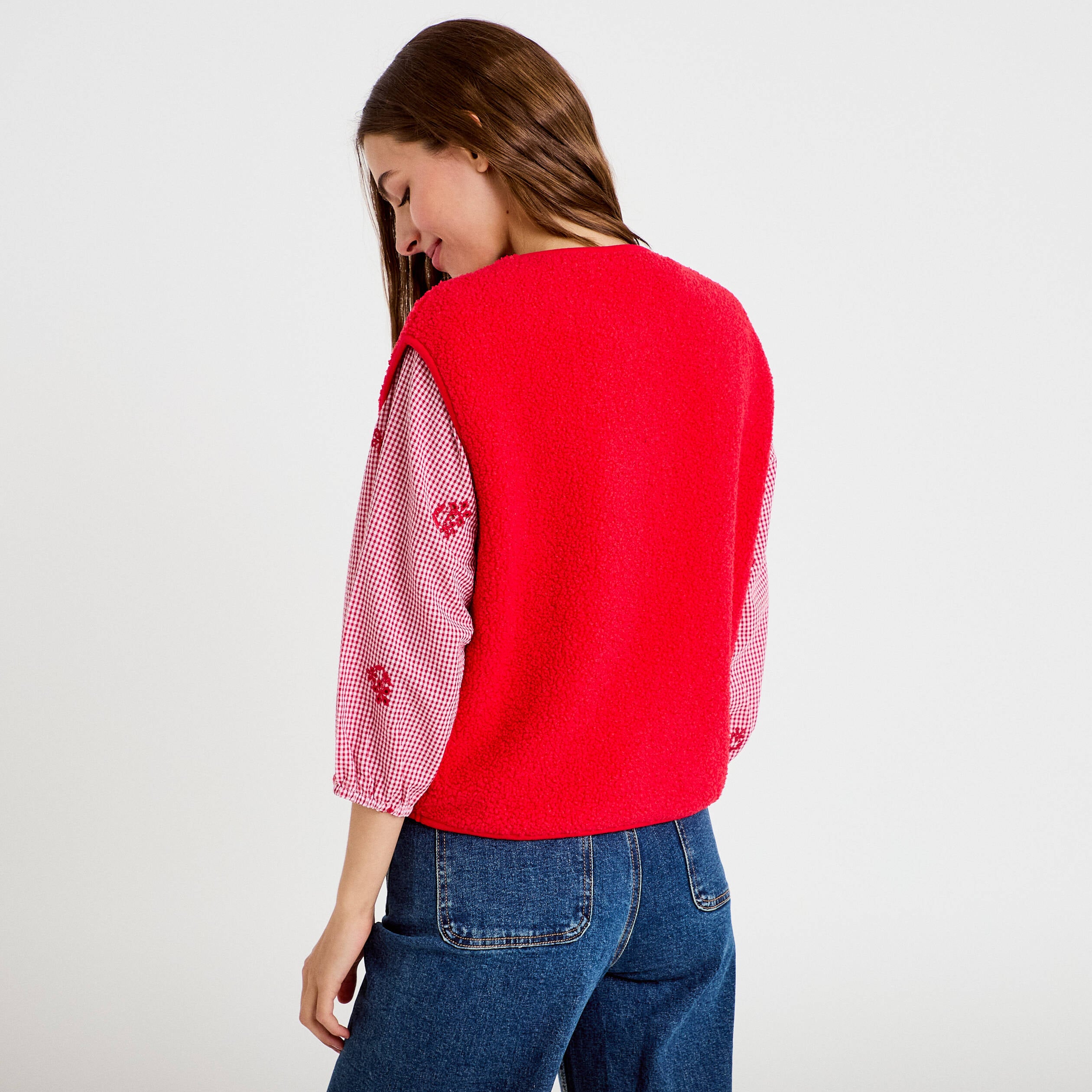 Gilet sans manches fausse fourrure rouge femme
