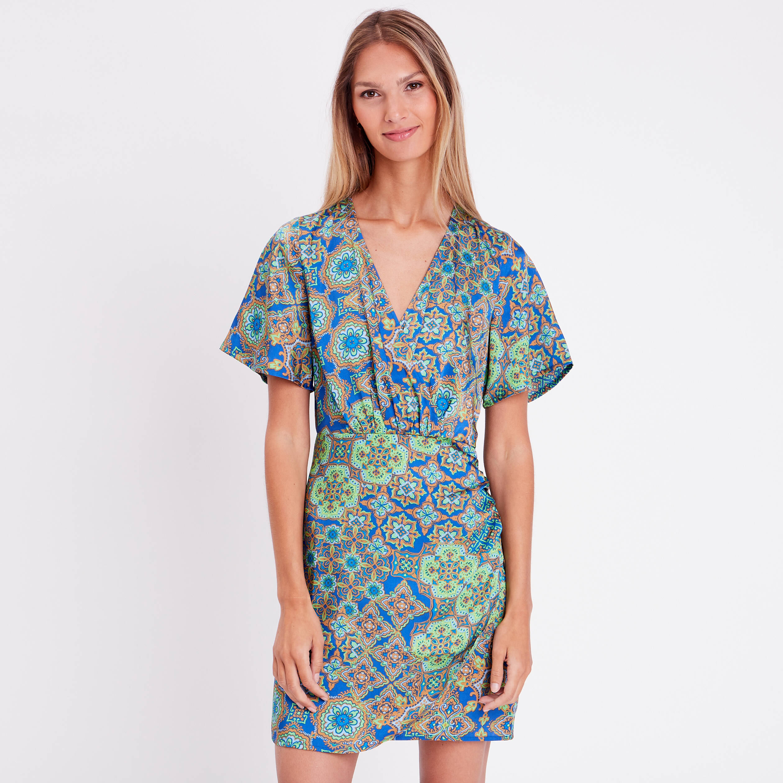 Robe droite drap&eacute;e satin bleu roi femme