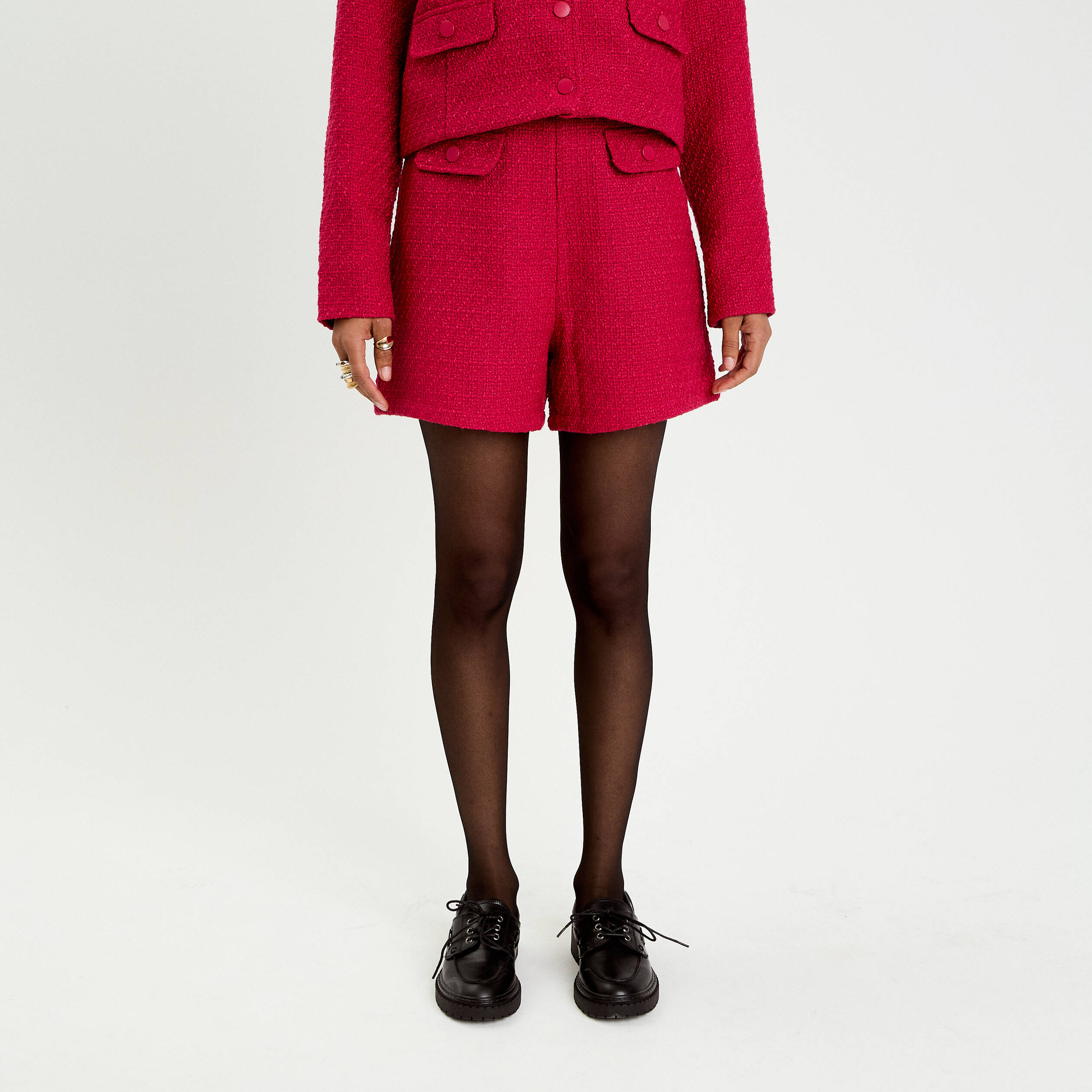 Short tweed taille haute rouge clair femme
