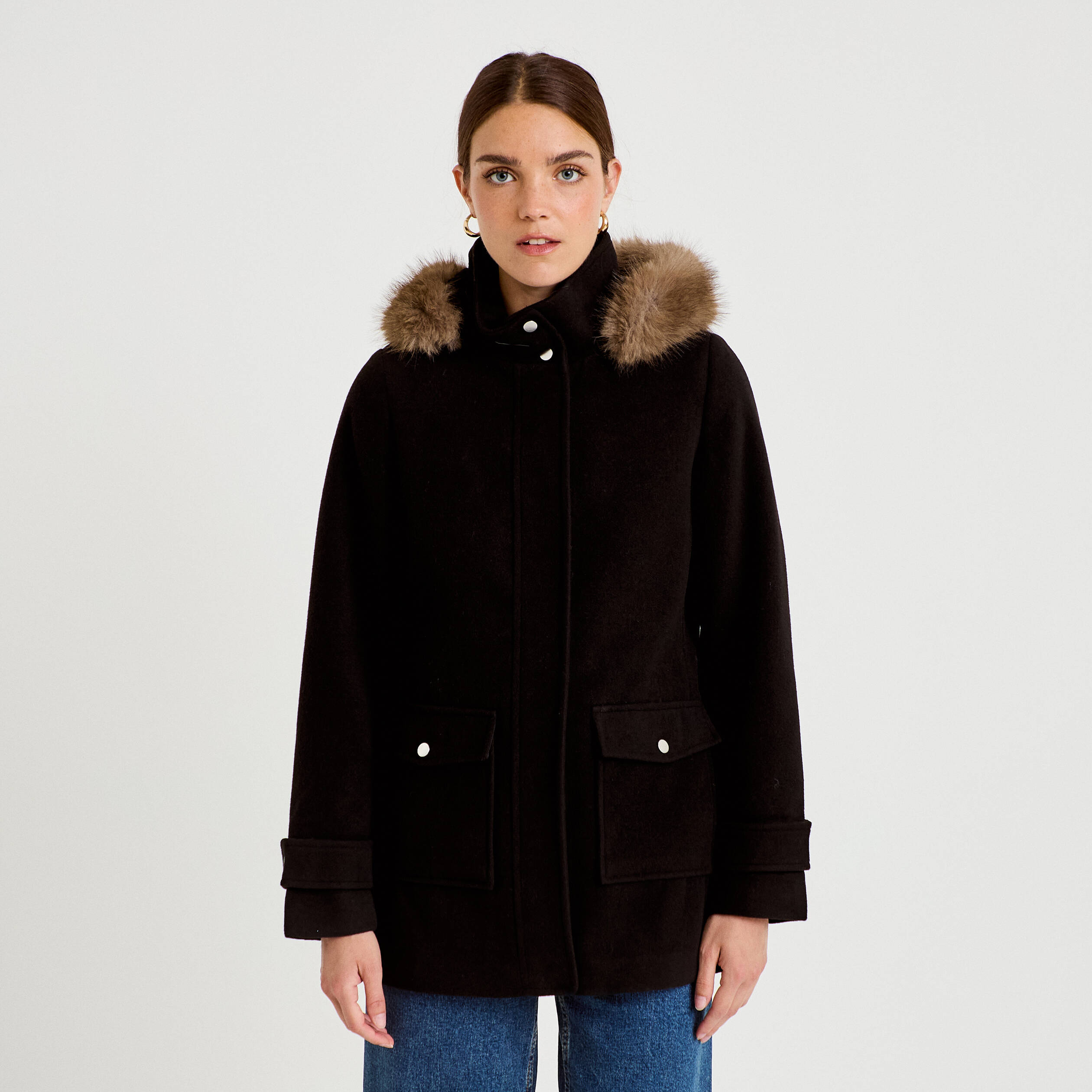 Manteau mi-long &agrave; capuche noir femme