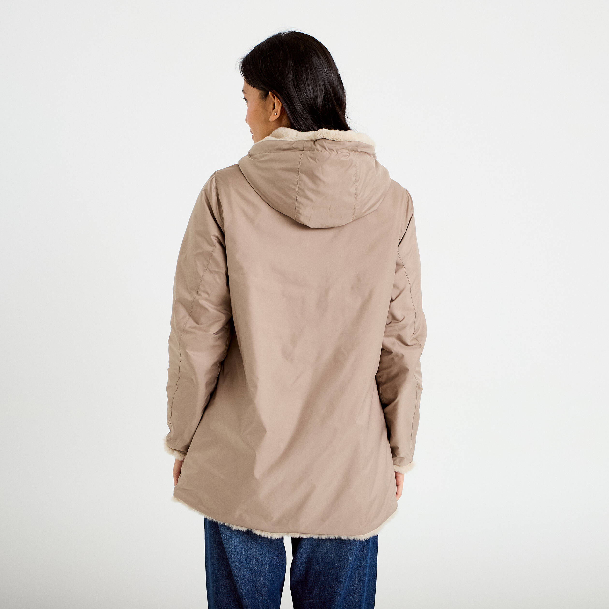 Parka r&eacute;versible 3/4 &agrave; capuche beige femme