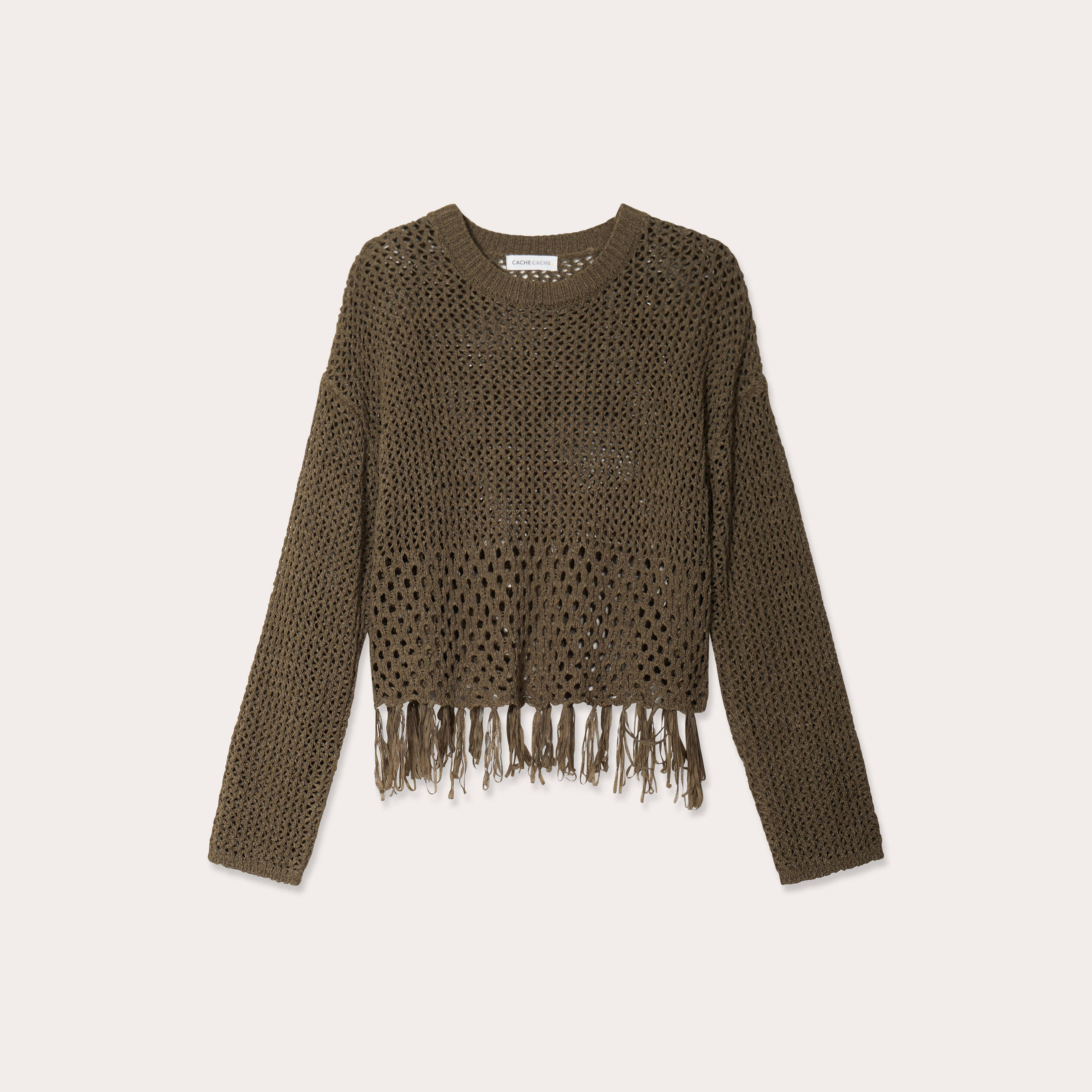 Pull ajour&eacute; avec franges vert kaki femme